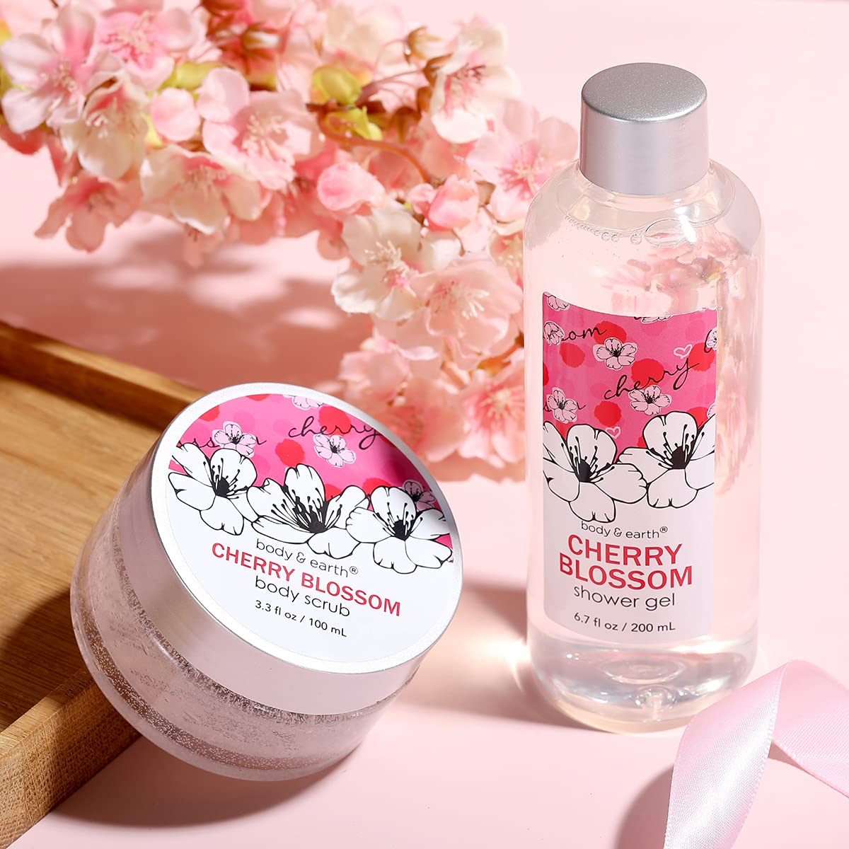 Luxury 5-Piece Cherry Blossom Spa Gift Set for Women - Shower Gel, Body Scrub, Lotion, Hand Soap & Rose Flower in Elegant Double-Layer Box | Perfect Birthday, Anniversary, Mother's Day Gift & Relaxing Home Spa Experience