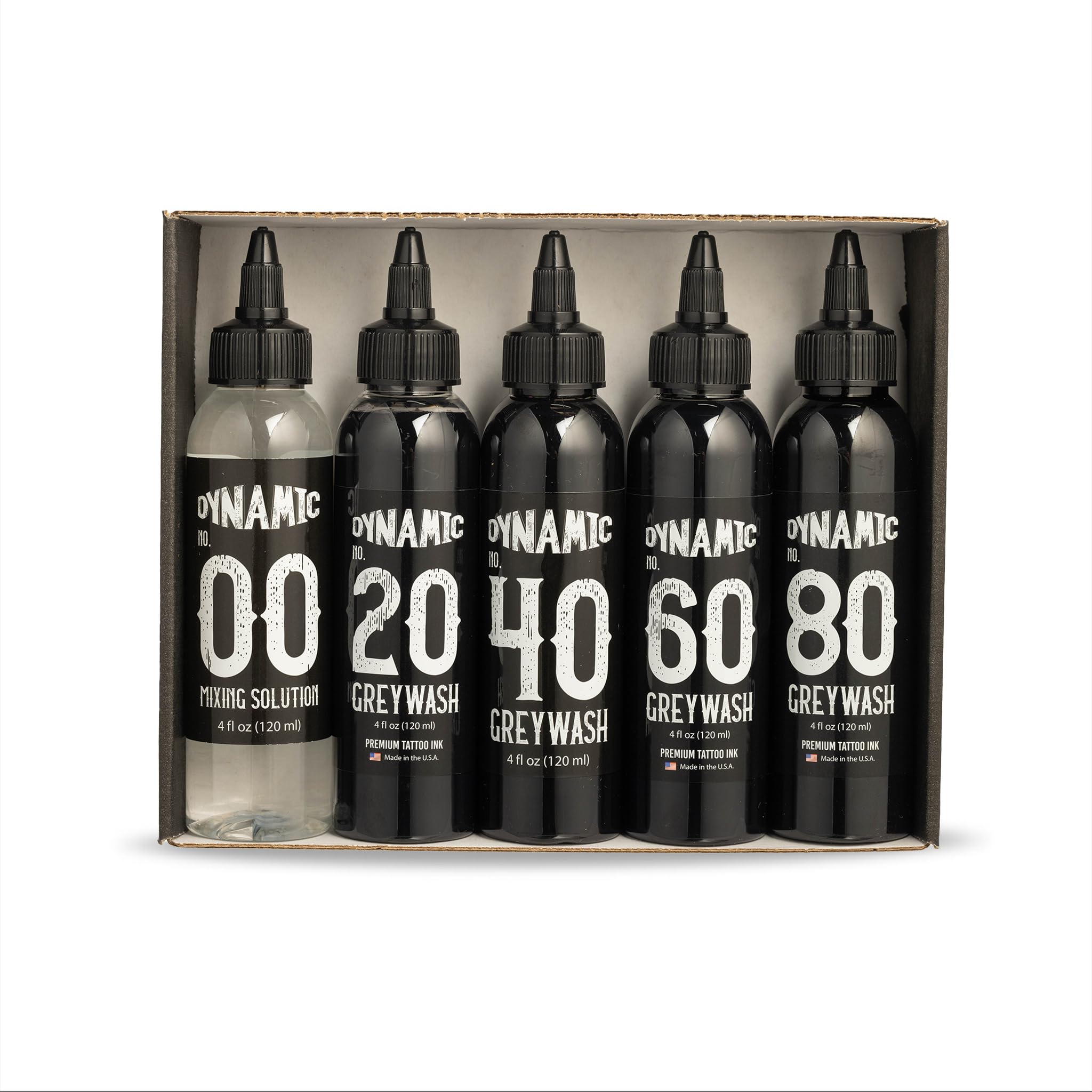 Premade Tattoo Greywash Set - 4 Dynamic Shades with Mixing Solution | 5 Bottle Professional Tattoo Ink Kit | Made in USA | Sterile & Vegan | Hospital Grade Water (4oz Each) | Perfect for Realism, Shading & Portrait Tattoos