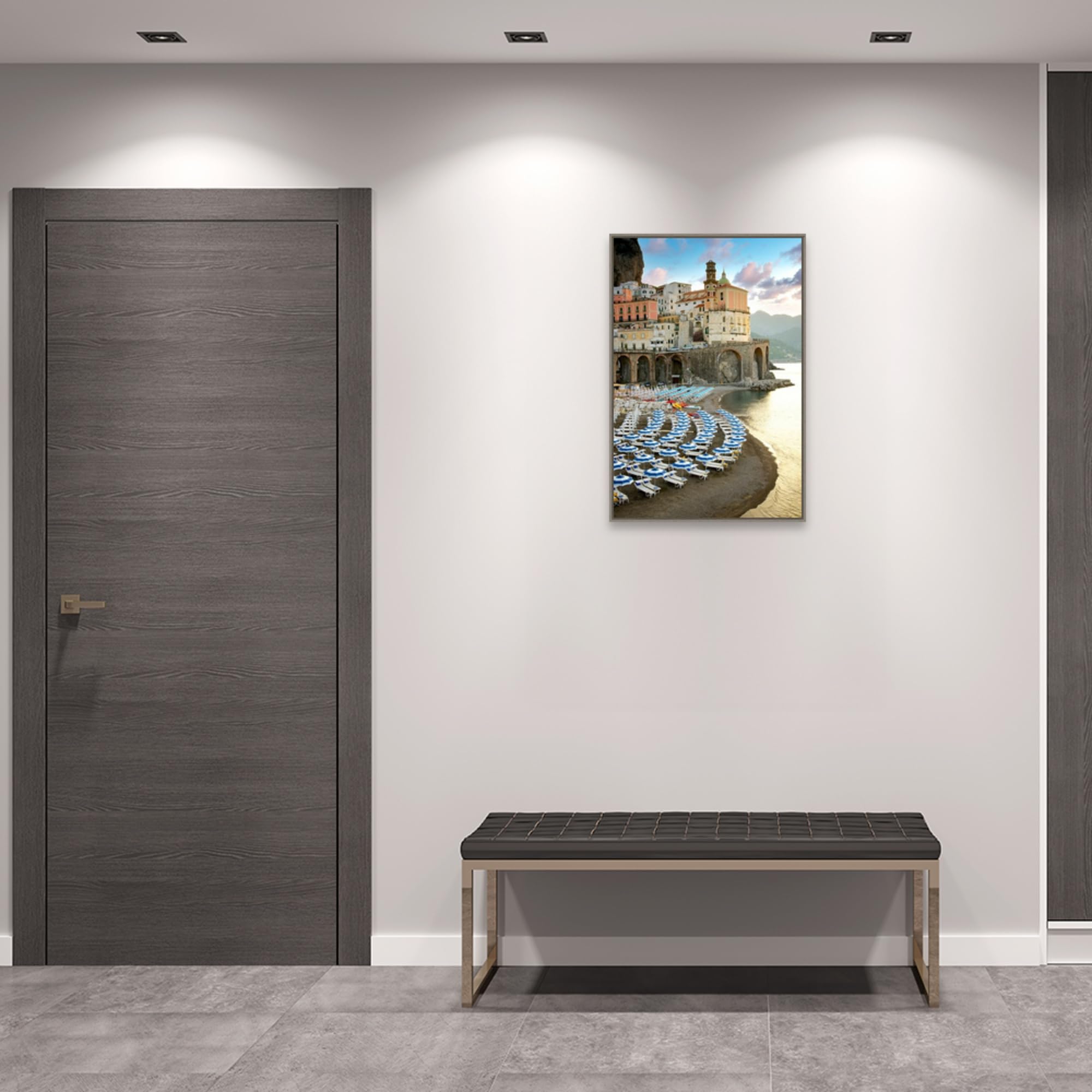 Amanti Art Framed Canvas Wall Art - 33x23 Sunrise Atrani Coastal Painting by Alan Blaustein | Beach Landscape Artwork, Rustic Home Decor | Perfect for Living Room, Bedroom, Bathroom & Office Wall Decor | Coastal Theme Interior Design