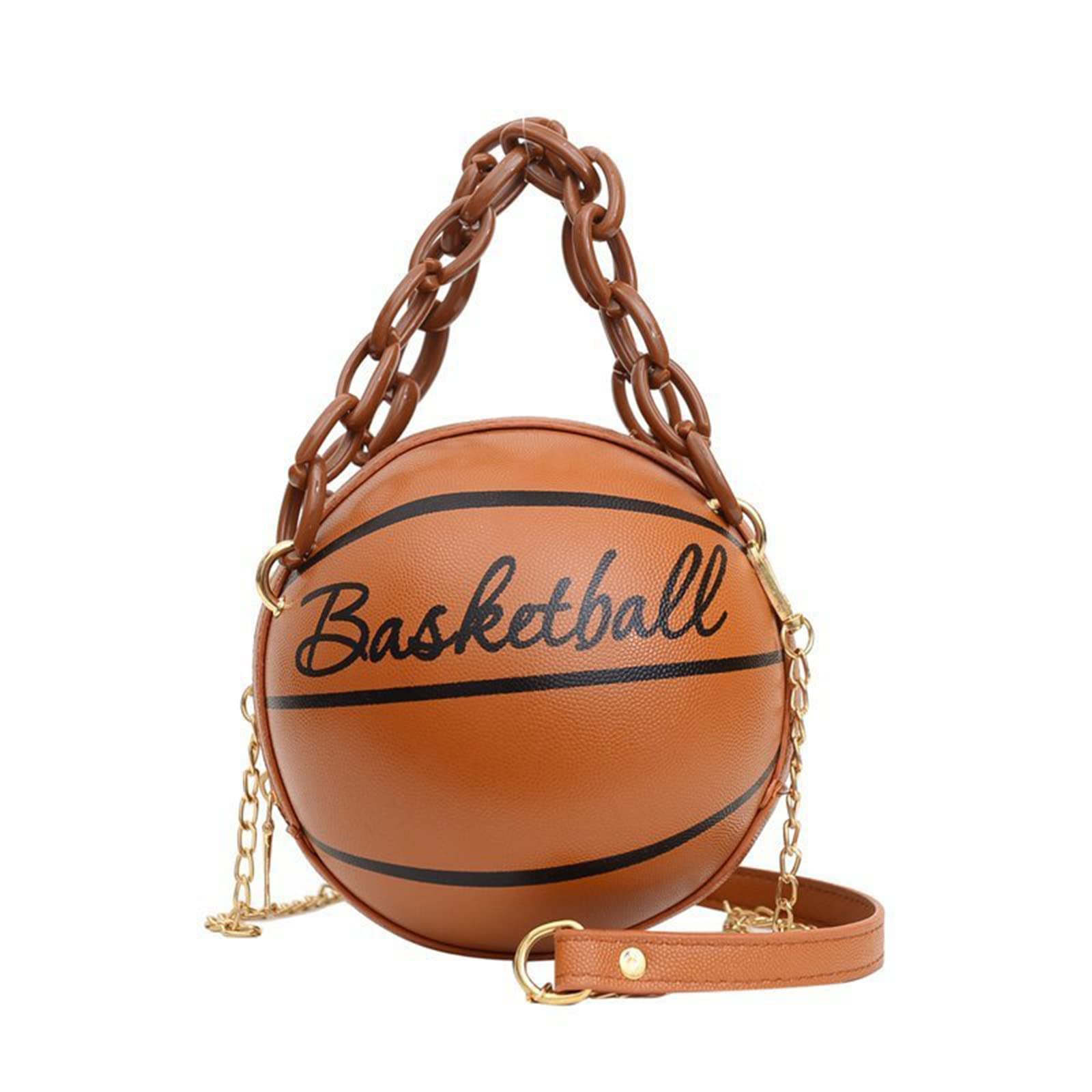 Women's Basketball Shaped Crossbody Bag - PU Leather Round Chain Shoulder Messenger Tote - Small All-Match Satchel Purse for Sports Games, School, Shopping & Daily Use