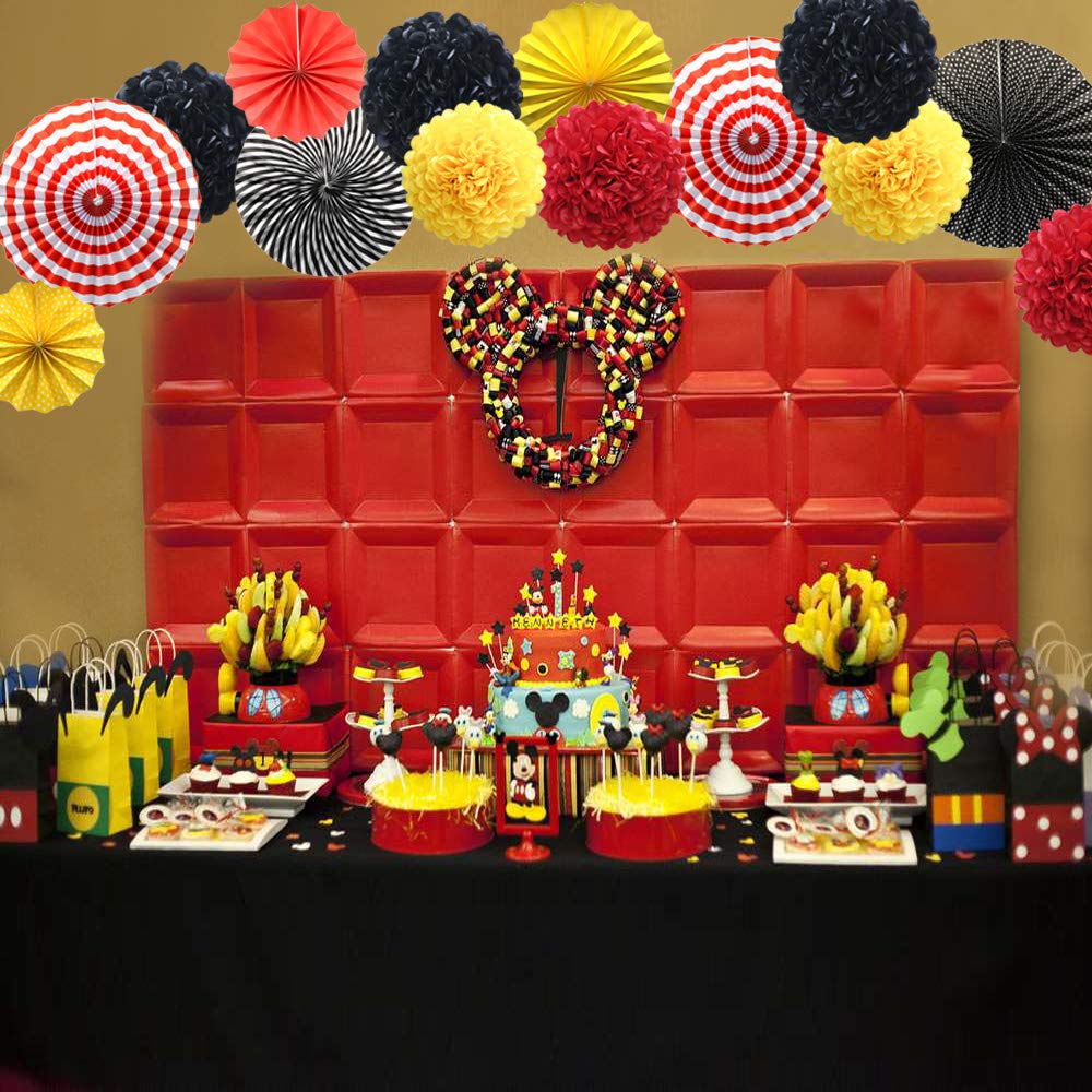 Vibrant Red Yellow Black Hanging Paper Party Decorations - Round Paper Fans & Pom Poms Set for Mickey Mouse Theme, Firetruck Birthday, Wedding, Graduation & Baby Shower | Perfect for Indoor/Outdoor Celebrations, Home Decor & Party Backdrops