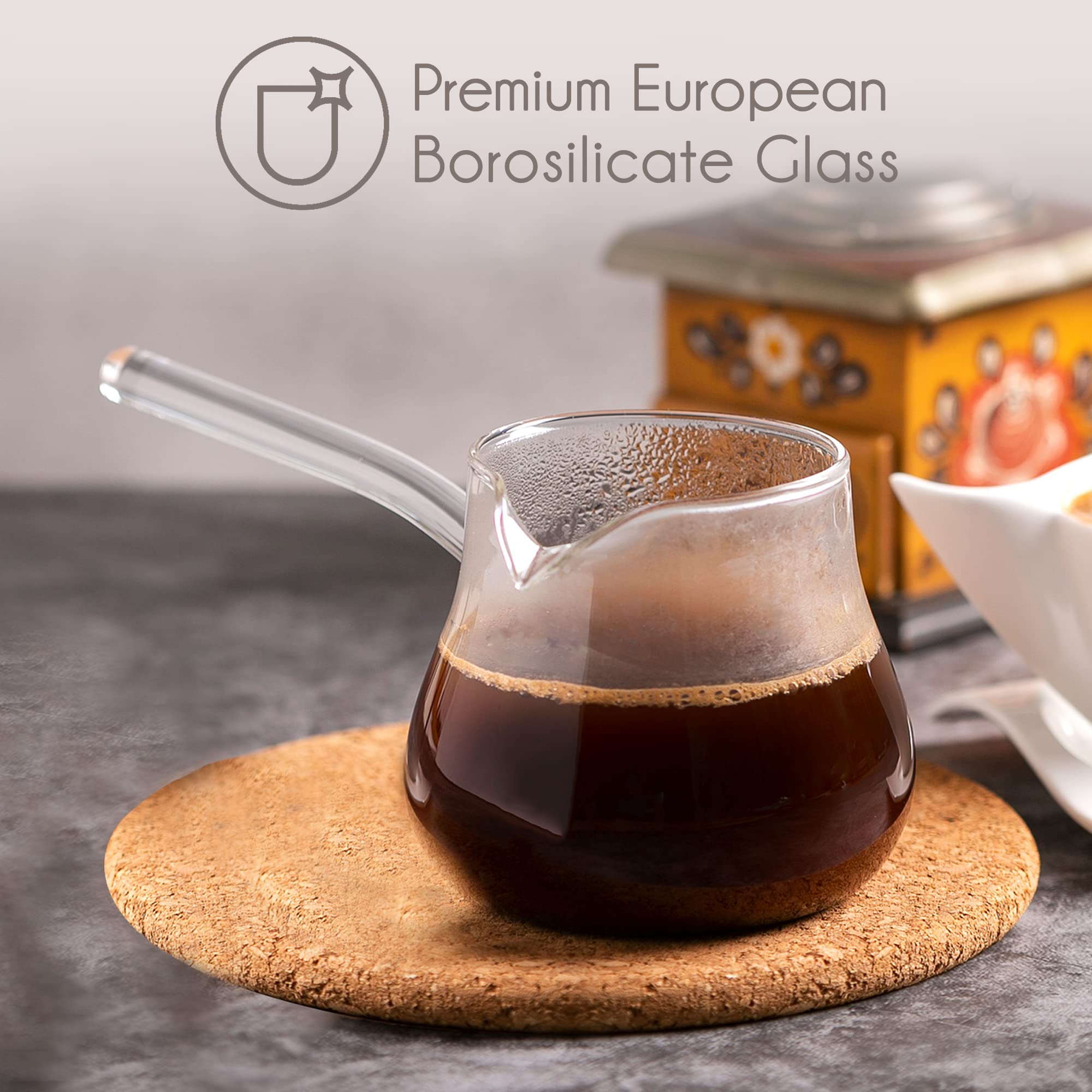 Premium Borosilicate Glass Turkish Coffee Pot - Stovetop Cezve Briki for Espresso, Tea & Hot Chocolate | Heat-Resistant Milk Warmer & Butter Melter (14.2 oz) | Perfect for Home Brewing, Camping & Gift Giving