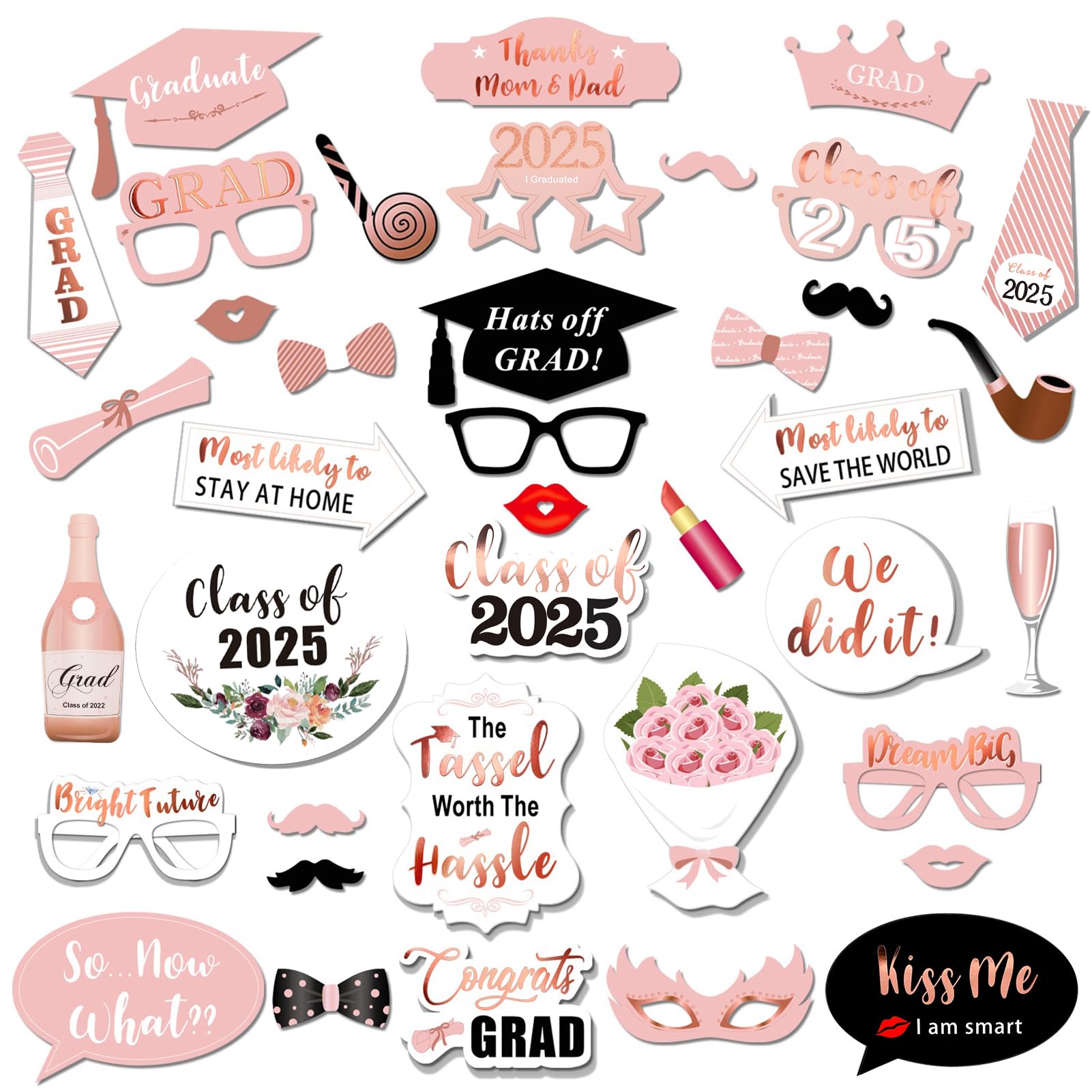 Rose Gold Graduation Photo Booth Props Kit - Class of 2025 Party Decorations with 39 Sticks | Perfect for Graduation Parties, Photo Booths & School Celebrations