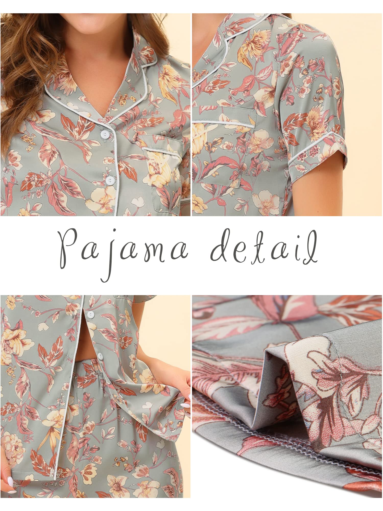 Cheibear Women's Satin Floral Summer Short Sleeve Button Down Top & Pants Lounge Pajama Set - Comfortable Sleepwear for Nightwear, Loungewear & Vacation Outfits