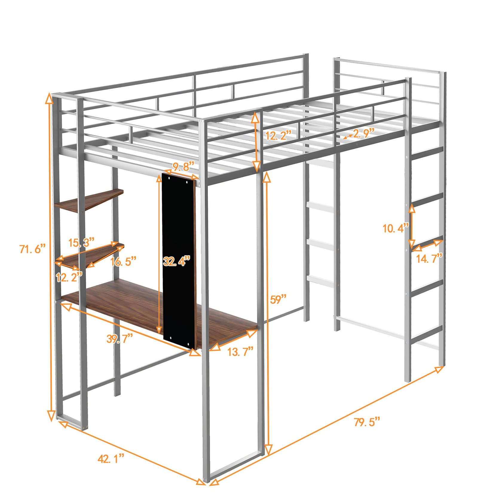 Bellemave Metal Loft Bed with Desk & Bookcase - Twin Size Space Saving Bunk Bed for Dorm Rooms, Kids & Teens - Includes 2 Ladders in Silver Finish | Perfect for Small Bedrooms, College Dorms & Studio Apartments