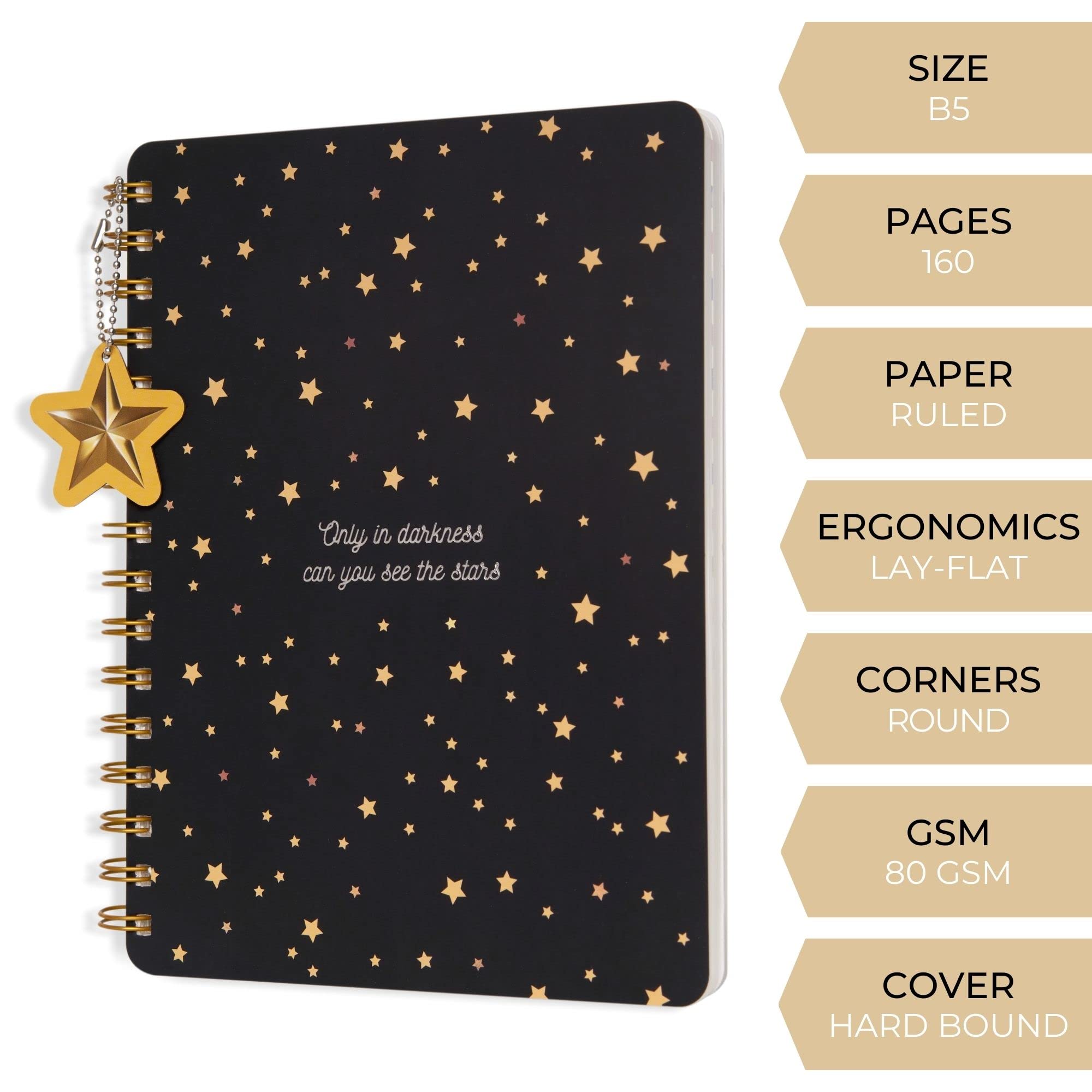 DOODLE B5 Hardbound Wiro Notebook with Theme Based Dangler - 160 Undated Ruled Pages, 80gsm Acid-Free Recyclable Paper - Flat Lay Design for Comfortable Writing - Includes 2 Twinkling Stars Sticker Sheets - Perfect for Journaling, Note Taking & Creative Planning