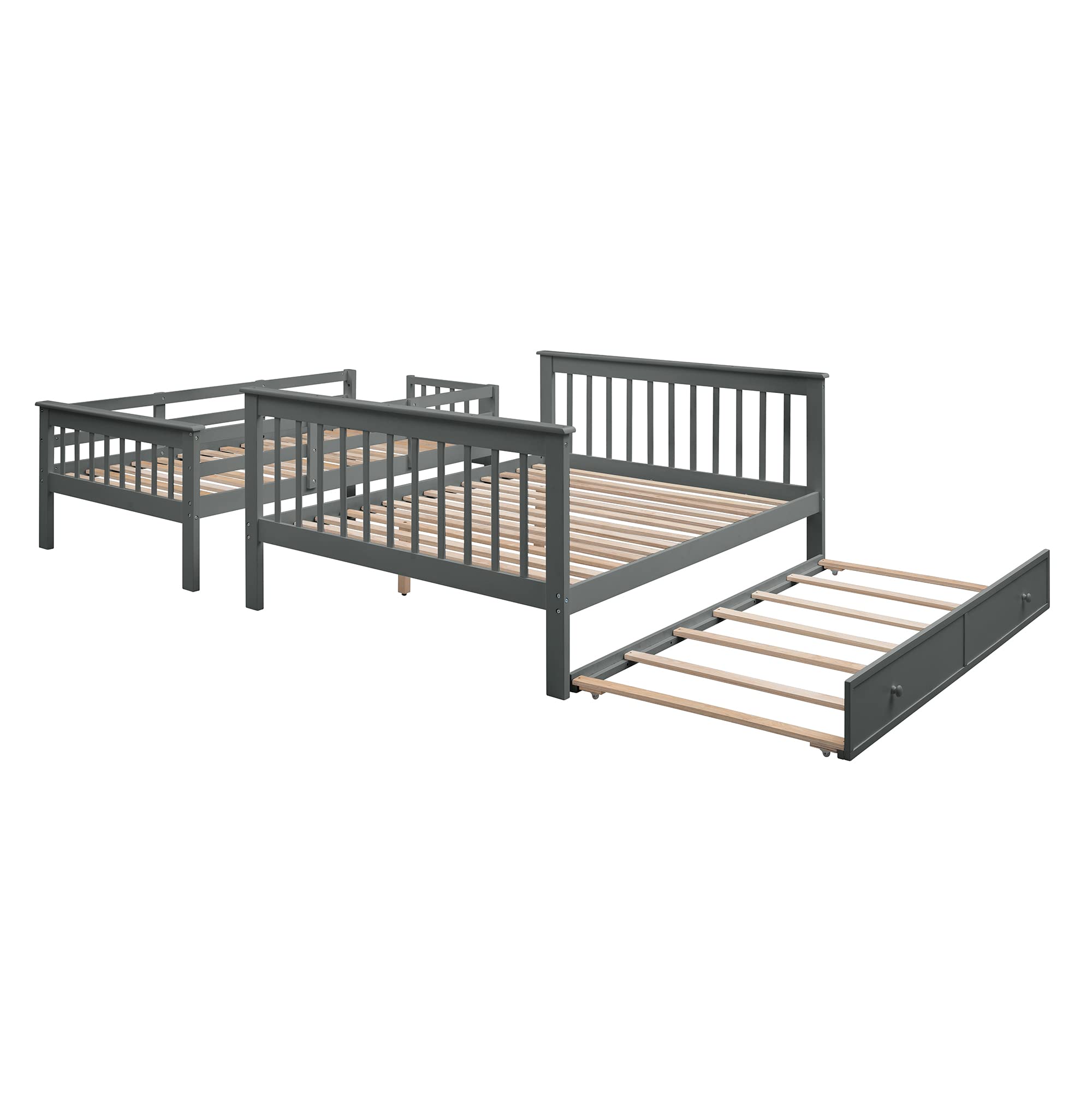 KLMM Twin-Over-Full Bunk Bed with Trundle - Solid Wood Stairway Bunk Bed with 4 Storage Shelves & Safety Guard Rail - Space Saving Bedroom Furniture for Kids, Teens & Adults (Gray/Wood-2) - Perfect for Small Bedrooms, Dorm Rooms & Guest Rooms