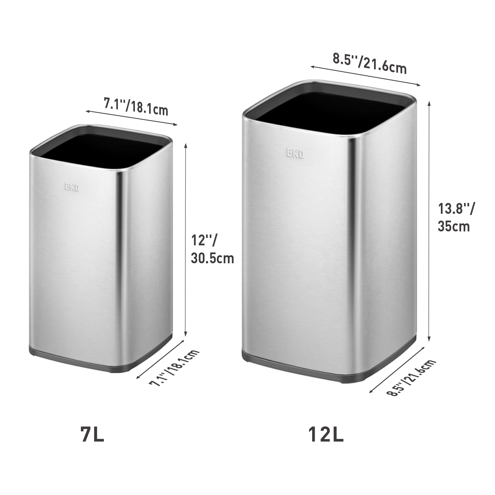 EKO 2-Pack Stainless Steel Open Top Trash Can with Removable Inner Basket - 1.8 & 3.2 Gallon Square Small Garbage Bin Combo for Kitchen, Bathroom, Office & Home Use - Perfect for Waste Disposal & Recycling Organization