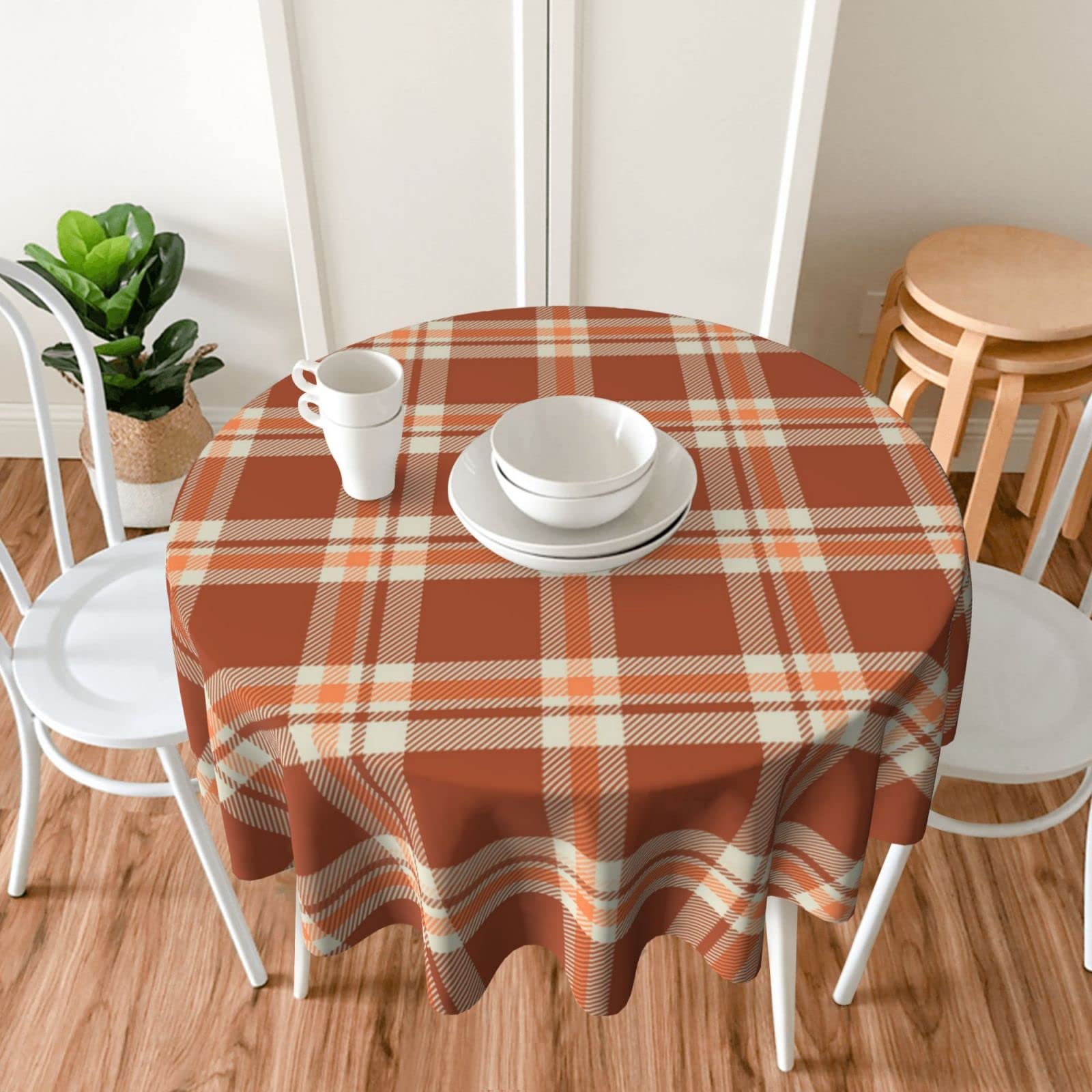 Kawani 60 Inch Round Plaid Tablecloth - Waterproof Washable Polyester Autumn Thanksgiving Table Cover for Kitchen, Party, Picnic & Dining Decor - Perfect for Holiday Gatherings and Seasonal Home Decoration