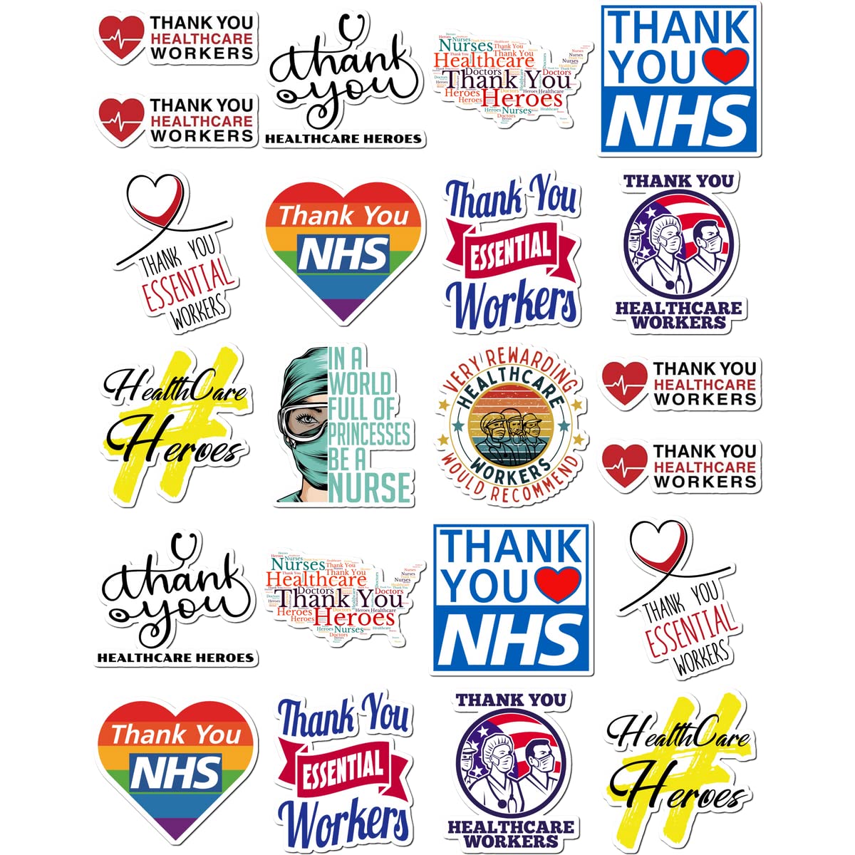 20 Pcs Thank You Stickers - Colorful Vinyl Decals for Healthcare Workers, Laptop, Skateboard, Bike, Bumper, Car, Guitar, Water Bottle & Luggage - Waterproof & Aesthetic (2.1 x 2.1 Inch, White) - Perfect for DIY Crafts, Gift Wrapping & Personalizing Belongings