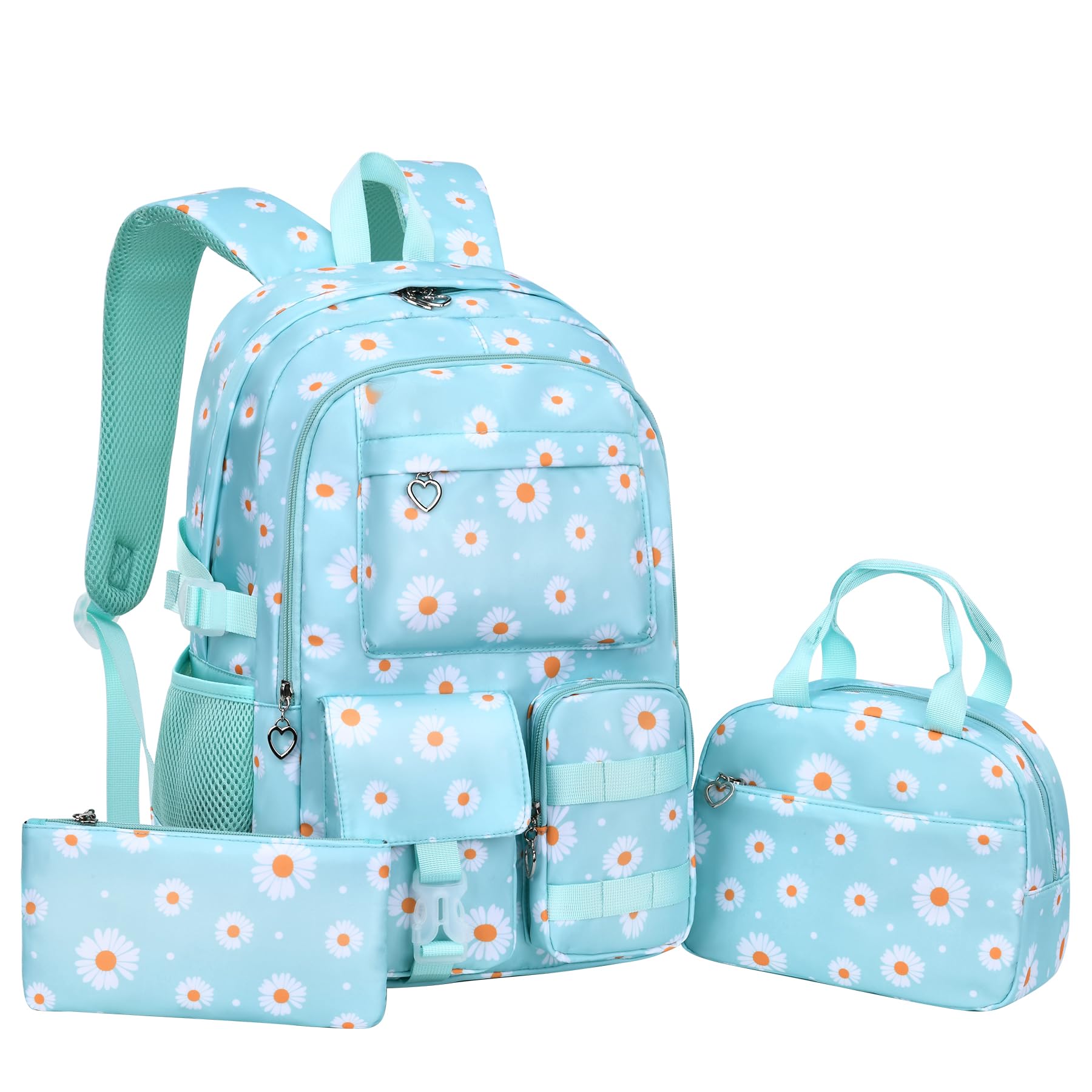 EKUIZAI Cute Daisy Print Backpack Set for Girls - Middle School Backpack with Lunch Box - Stylish Flower Design School Bag for Kids - Perfect for School, Travel & Daily Use