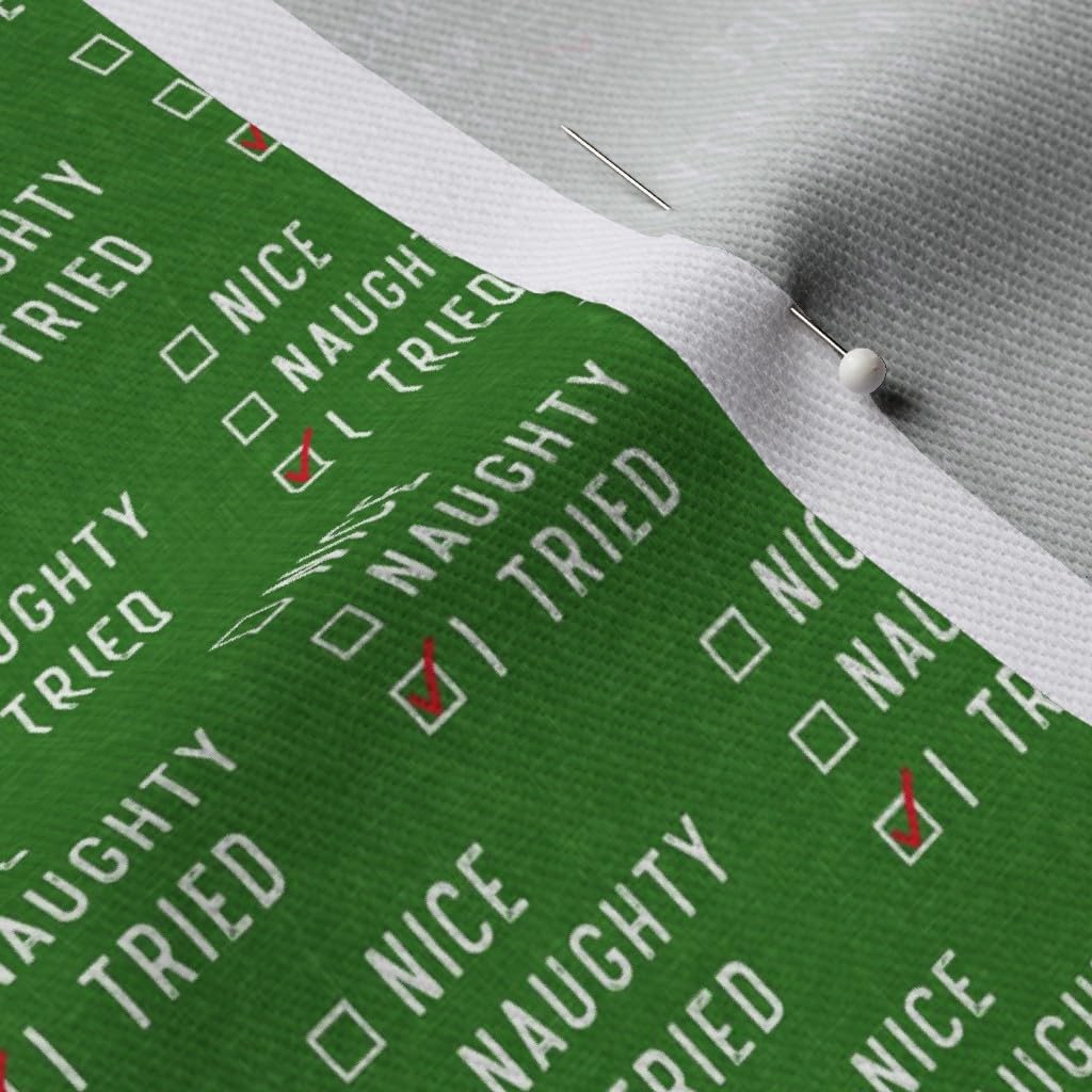 Small Scale Christmas Green Funny Naughty Nice Printed Denim Fabric by The Yard - Heavyweight Cotton for DIY Apparel, Home Decor & Upholstery - Perfect for Holiday Crafts, Christmas Stockings & Festive Home Decorations