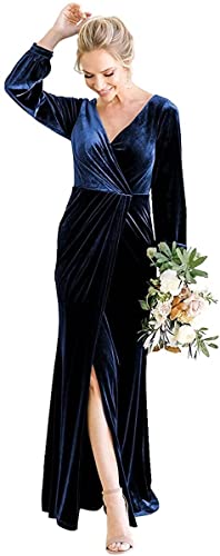 Elegant Velvet Long Sleeve V-Neck Maxi Bridesmaid Dress with Thigh Slit - Women's Formal Evening Gown for Weddings, Proms & Special Occasions - LNL021