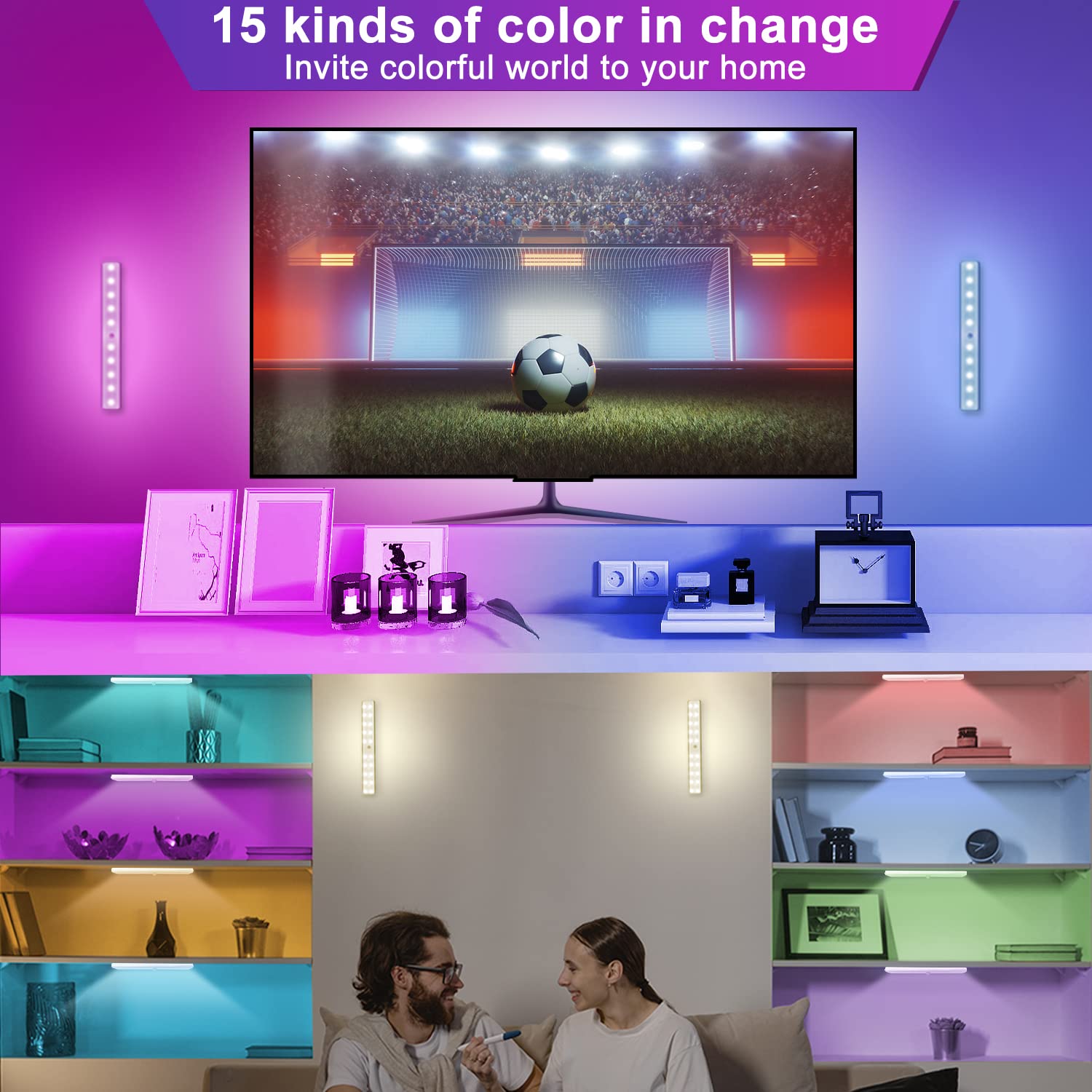 48 LED Rechargeable Under Cabinet Lights with Remote - Dimmable RGB Kitchen Counter & Closet Lighting, 15 Color Changing LED Bar Lights for Shelf, Car, Hallway (6 Pack) - Perfect for Home Kitchen, Garage, Display Cabinets & Mood Lighting