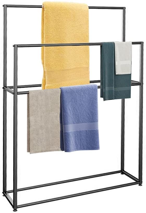 3-Tier Freestanding Metal Bathroom Towel Rack - Rustproof Black Floor Towel Holder for Drying Clothes, Beach Towels (75x20x110cm) - Perfect for Bathroom, Balcony, Laundry Room & Spa Organization