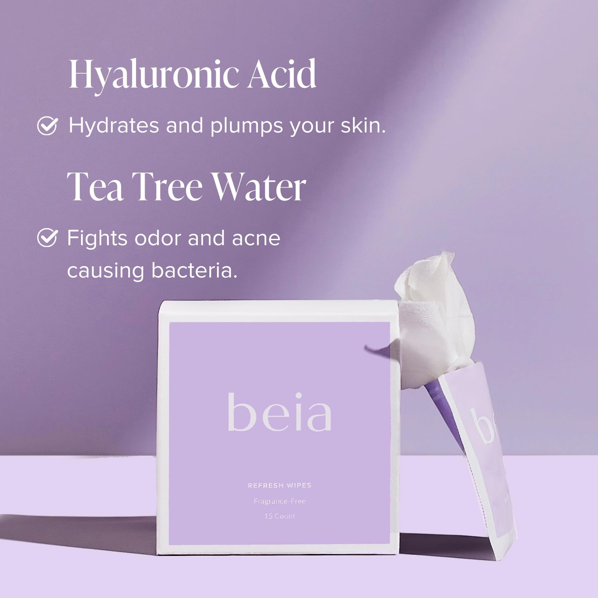 Beia Feminine Wipes Individually Wrapped - pH Balancing Intimate Wipes for Women Hygiene with Aloe Vera & Green Tea - Fragrance Free, Vegan, Travel Size (15 Count) - Perfect for On-the-Go Freshness, Post-Workout, Travel & Daily Hygiene Care