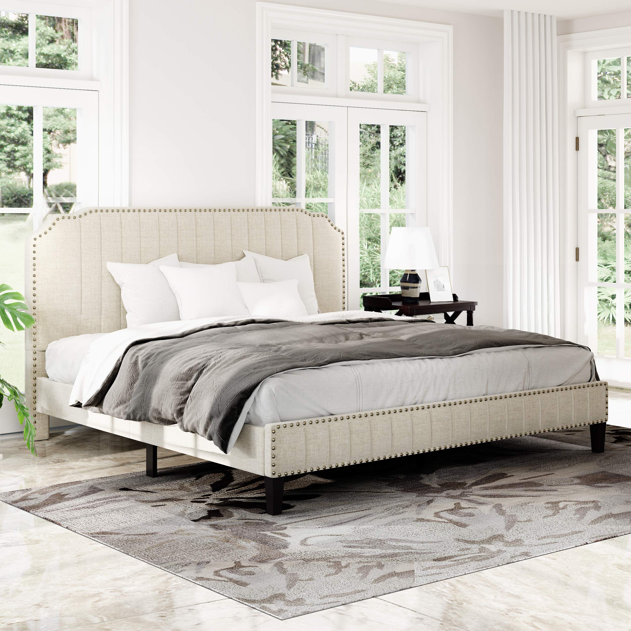King Size Upholstered Platform Bed Frame with Linen Headboard & Footboard - Modern Curved Design with Decorative Nailheads - Wood Slat Support - No Box Spring Needed - Cream - Perfect for Master Bedroom & Guest Room Decor