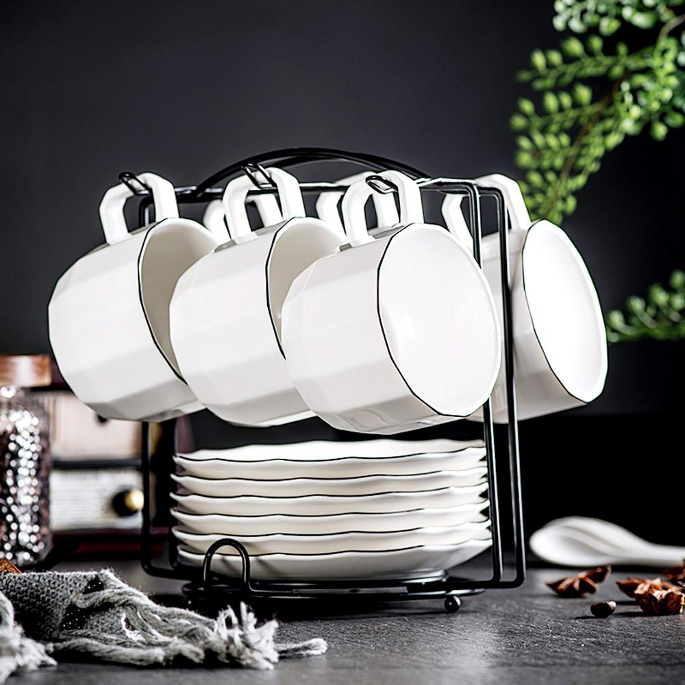 Premium 7 oz Porcelain Cappuccino Cups and Saucers Set of 6 - Elegant White with Black Trim for Specialty Coffee Drinks, Latte, Americano & Tea - Perfect for Home Cafes, Coffee Shops & Gifts
