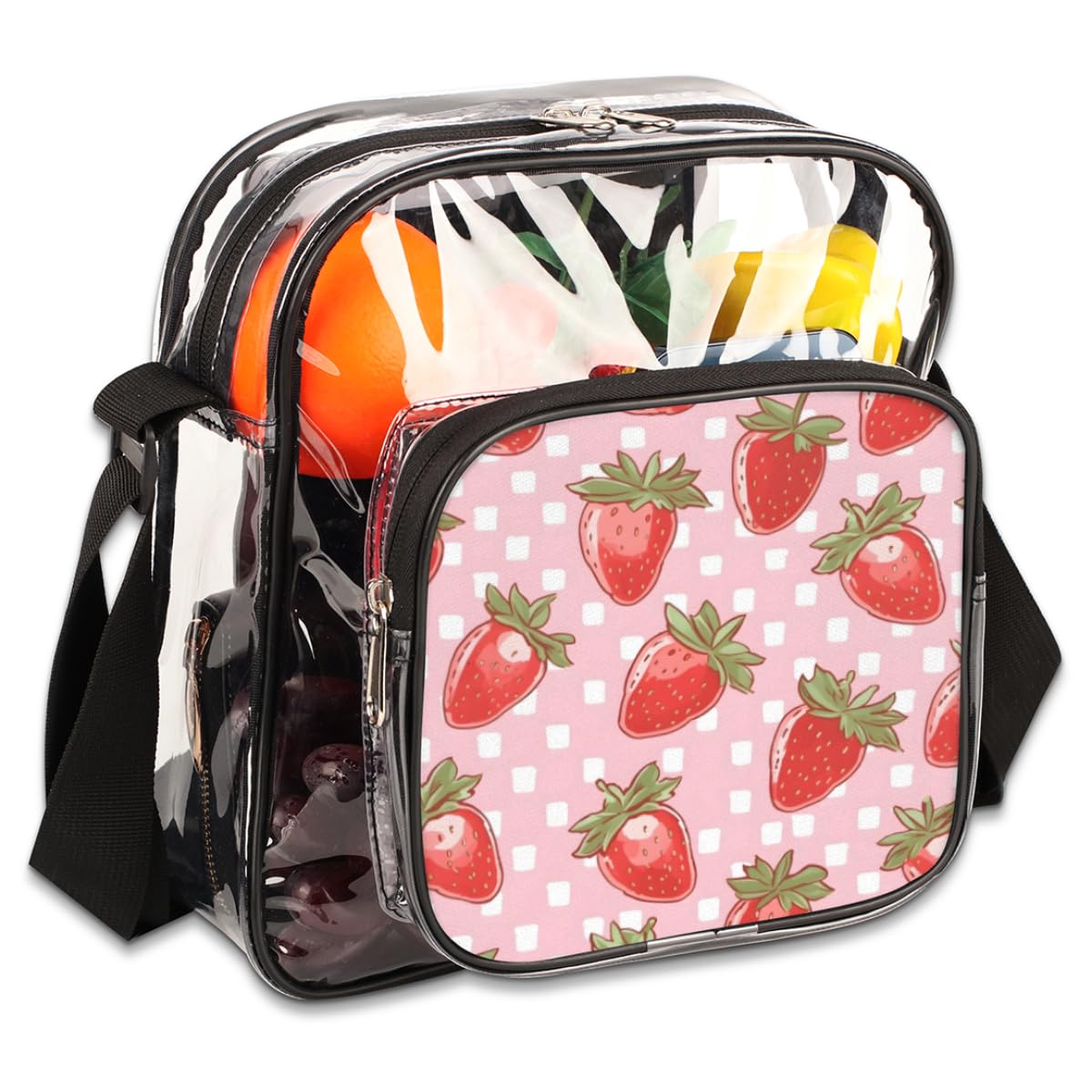 Strawberry Pink Clear Crossbody Purse - Stadium Approved Transparent Bag for Women & Men | Perfect for Music Festivals, Sports Events, Concerts & Theme Parks | Trendy See-Through Shoulder Bag