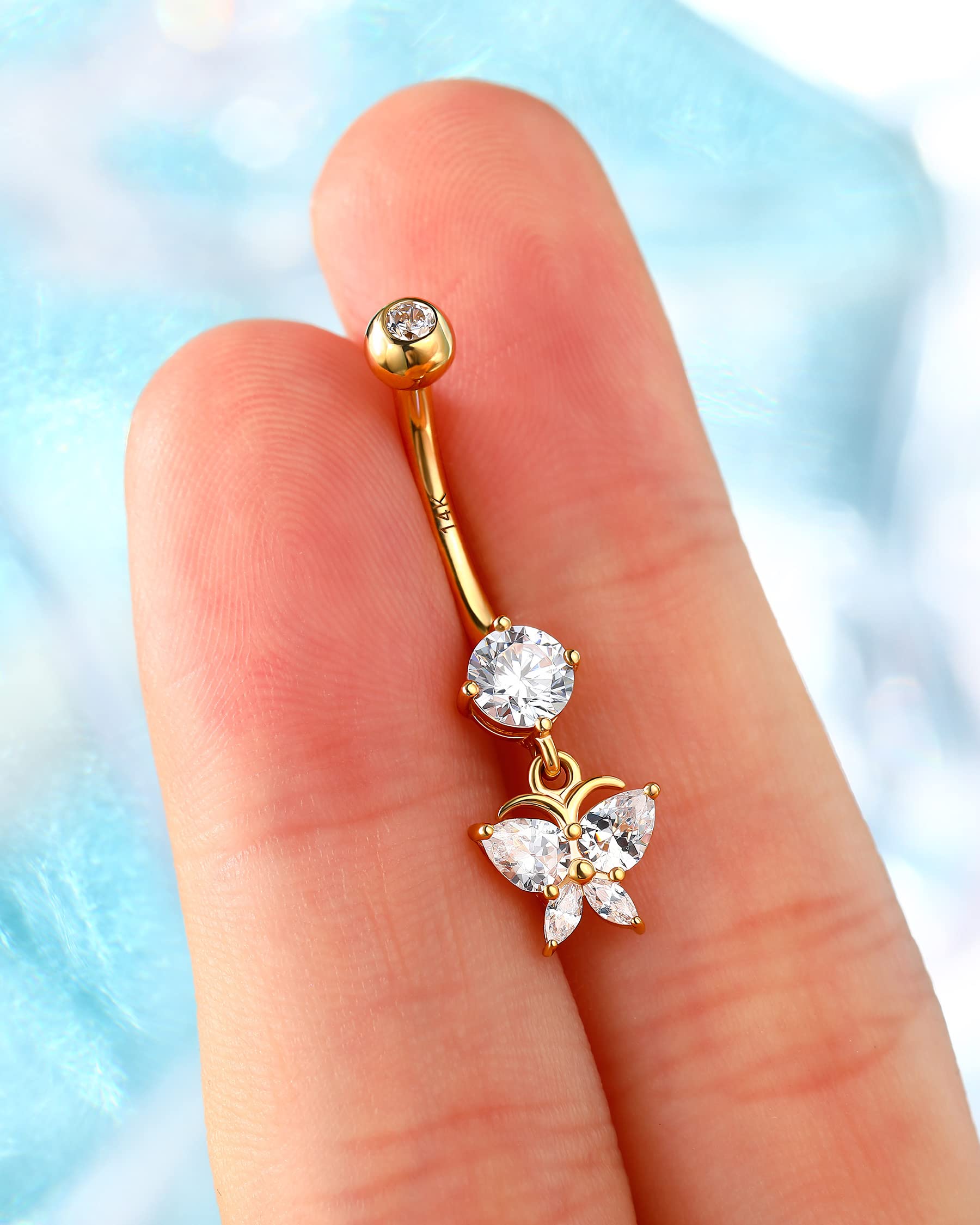 14K Solid Gold Butterfly Belly Button Rings for Women - Dangle Navel Piercing Jewelry with Clear CZ Stones - Elegant Body Jewelry for Parties, Beach & Everyday Wear