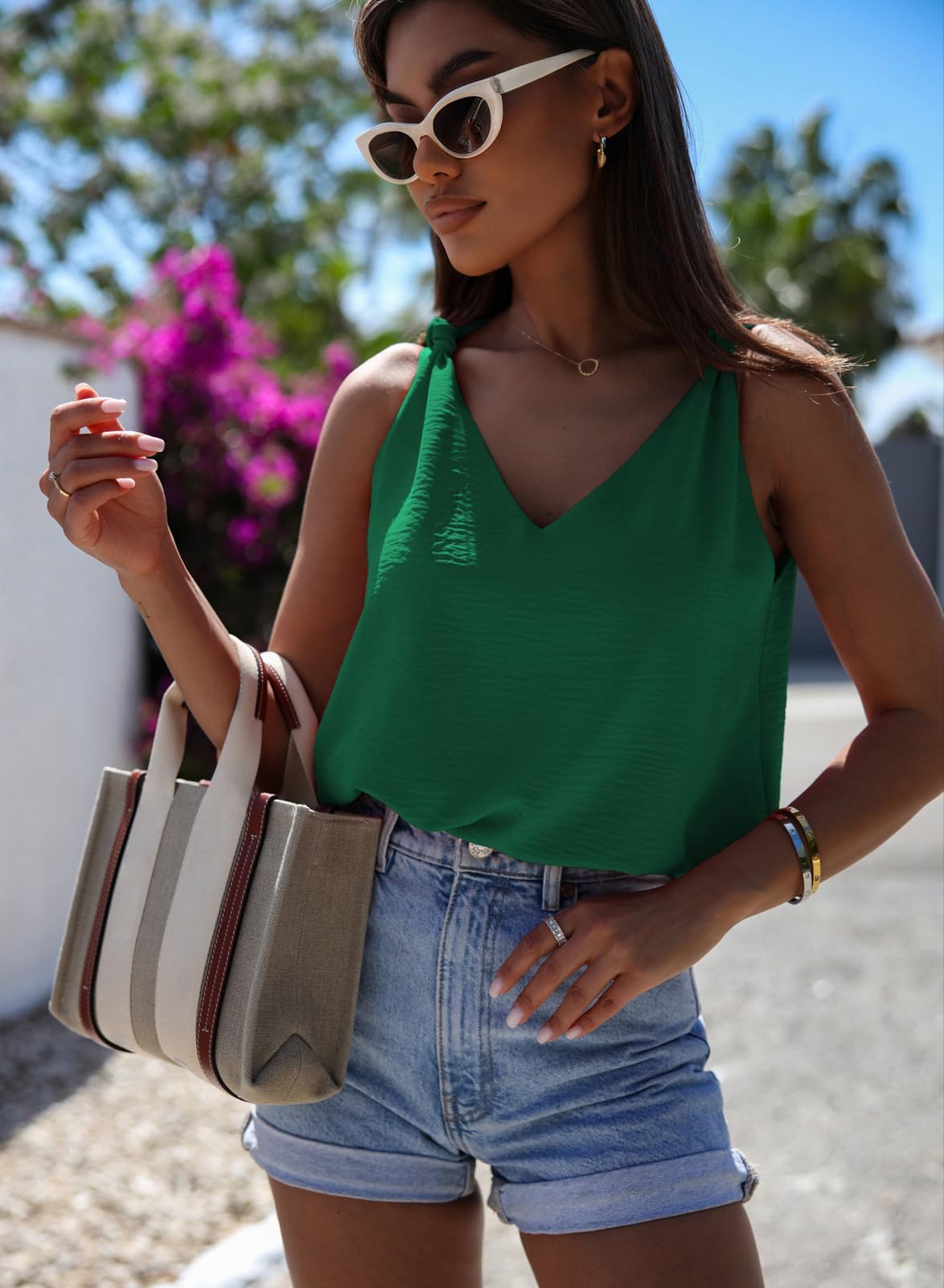 Women's Casual V-Neck Knotted Detail Sleeveless Tank Tops - Stylish Summer Blouses & Shirts for Everyday Wear, Outings, and Beach Vacations