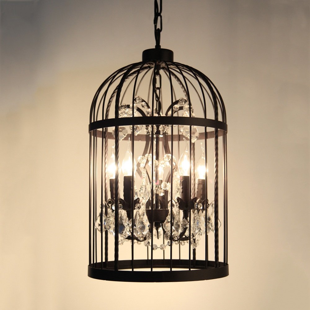 Ganeep Vintage Crystal Bird Iron Cage Pendant Lights - 5 Head E14 Chandelier for Loft, Restaurant & Industrial Decor | American Country & European Retro Style Hanging Lighting Fixture | Perfect for Dining Room, Cafe, Farmhouse & Industrial Spaces