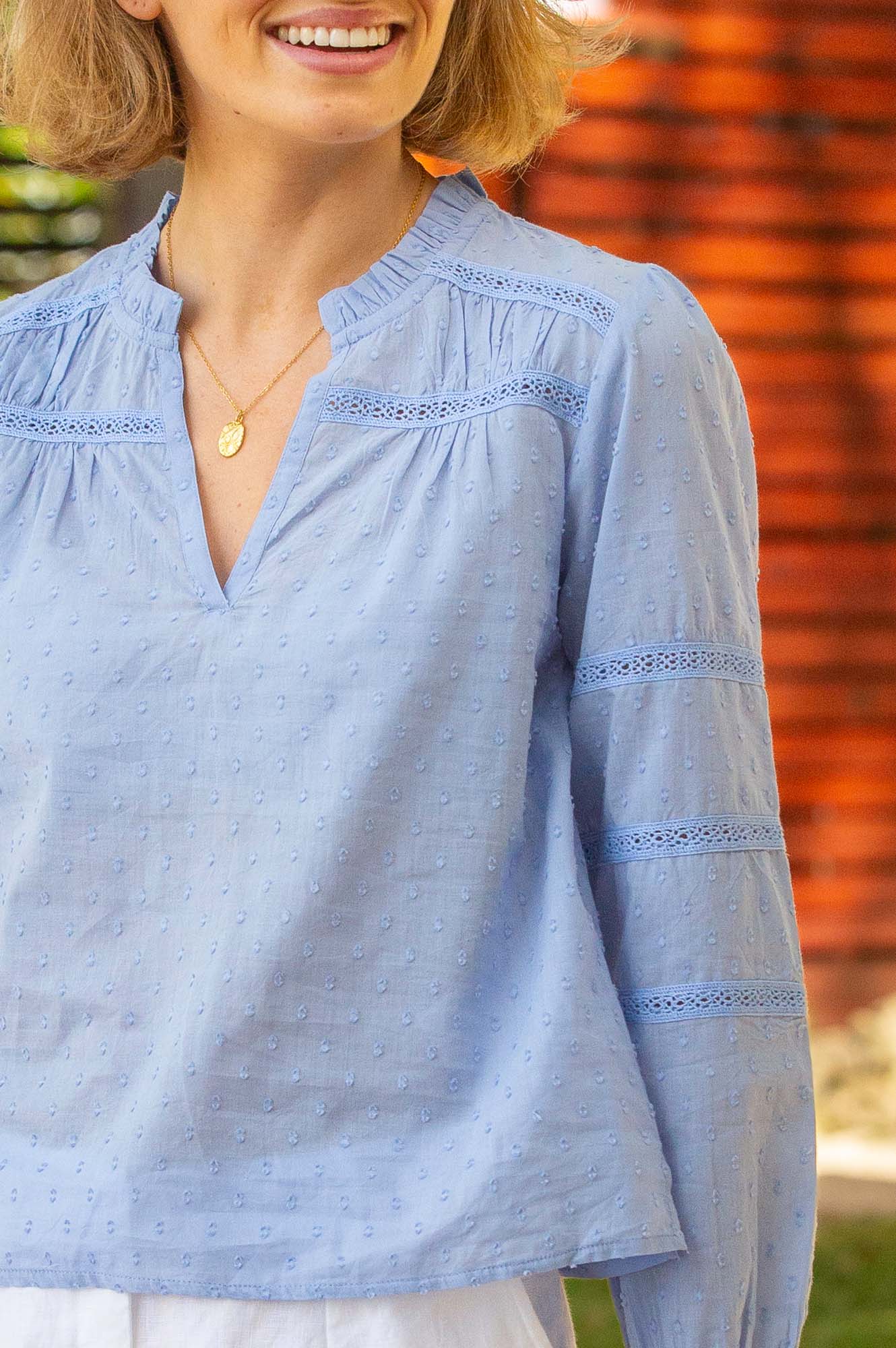 Organic Cotton Dobby Long Sleeve Blouse for Women - Soft Baby Blue Top | Casual Office Wear & Spring Outfits