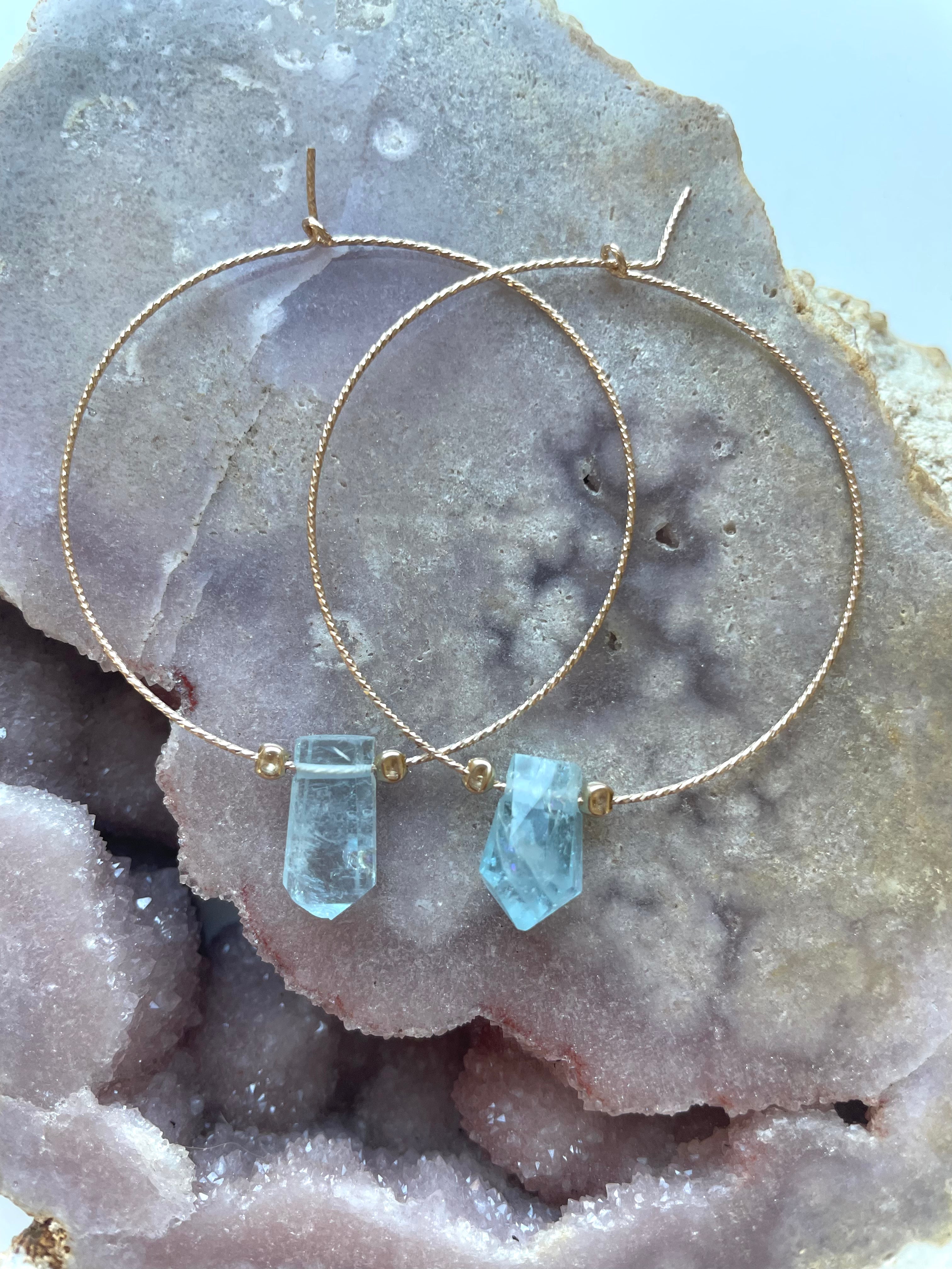 Thin Aquamarine Boho Hoop Earrings - 14K Gold Filled Dainty Jewelry for Women - Perfect for Beach Weddings & Boho Fashion