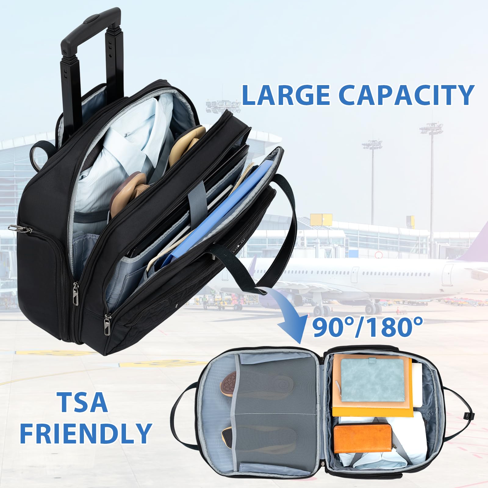 VANKEAN Rolling Laptop Bag for Women & Men - Waterproof Rolling Briefcase Fits 15.6 Inch Laptop with RFID Pockets - Ideal for Travel, Business, College, and Daily Commute