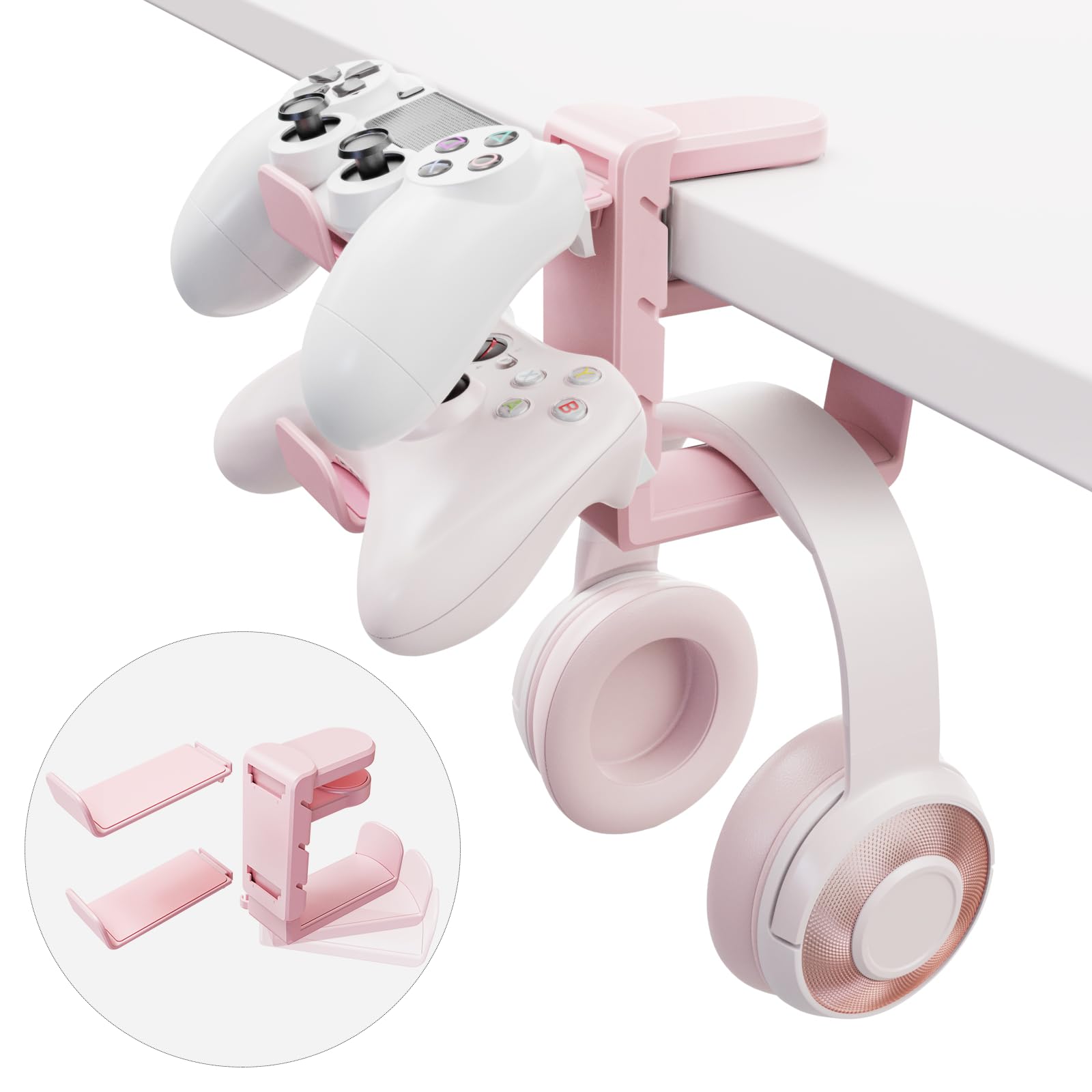 3-in-1 Gaming Headset & Controller Stand with Adjustable Clamp, Rotating Arm & Cable Management - Universal PC Gaming Accessory Organizer (Pink) - Perfect for Desk Setup & Streamer Battlestation