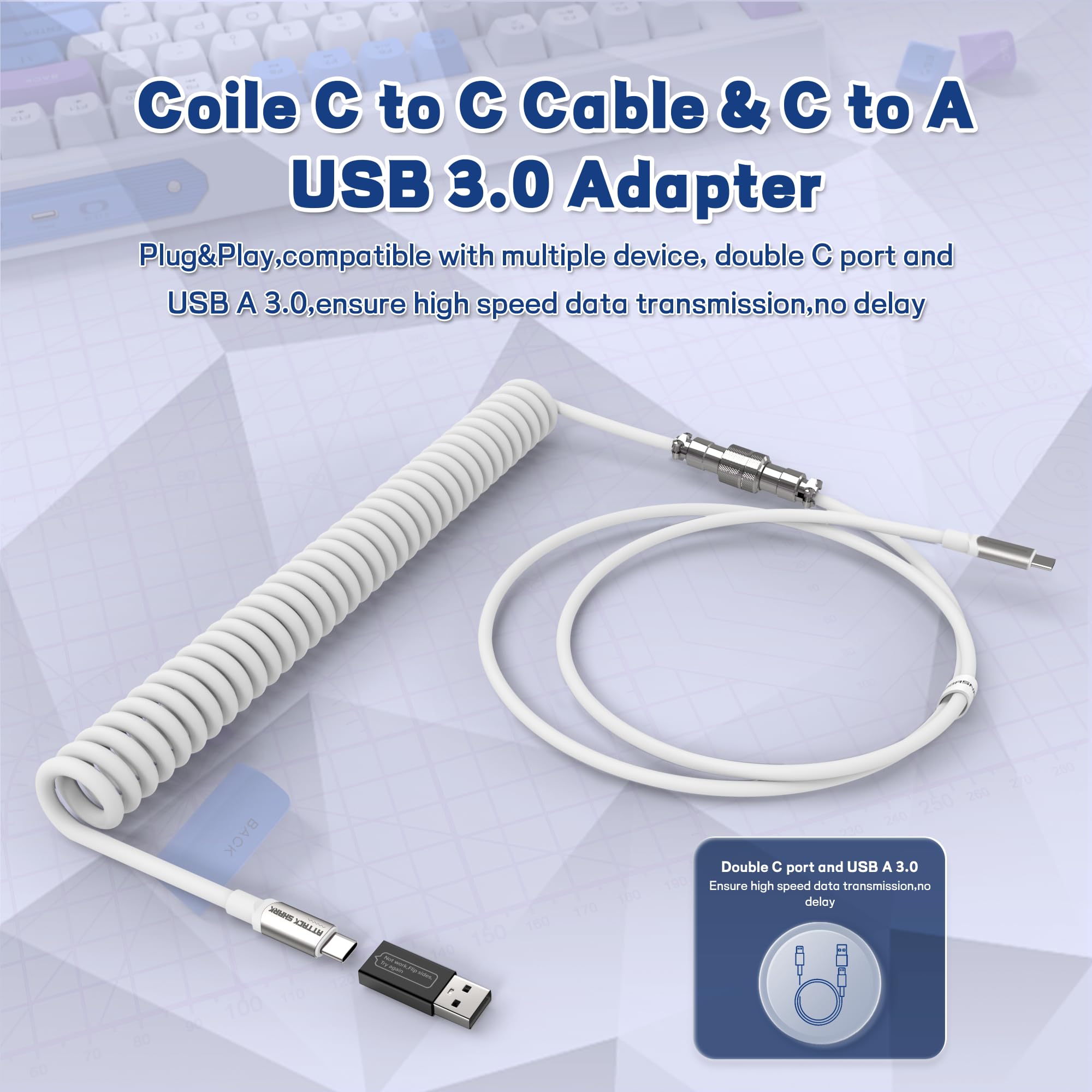 XINMENG Spiral Gaming Keyboard Cable - Extendable Custom TPU USB-C to USB-C Cable with Detachable Metal USB to USB-C Adapter for Mechanical Keyboards & Laptops - White | Perfect for Gaming Setups, Office Workstations & Travel Use