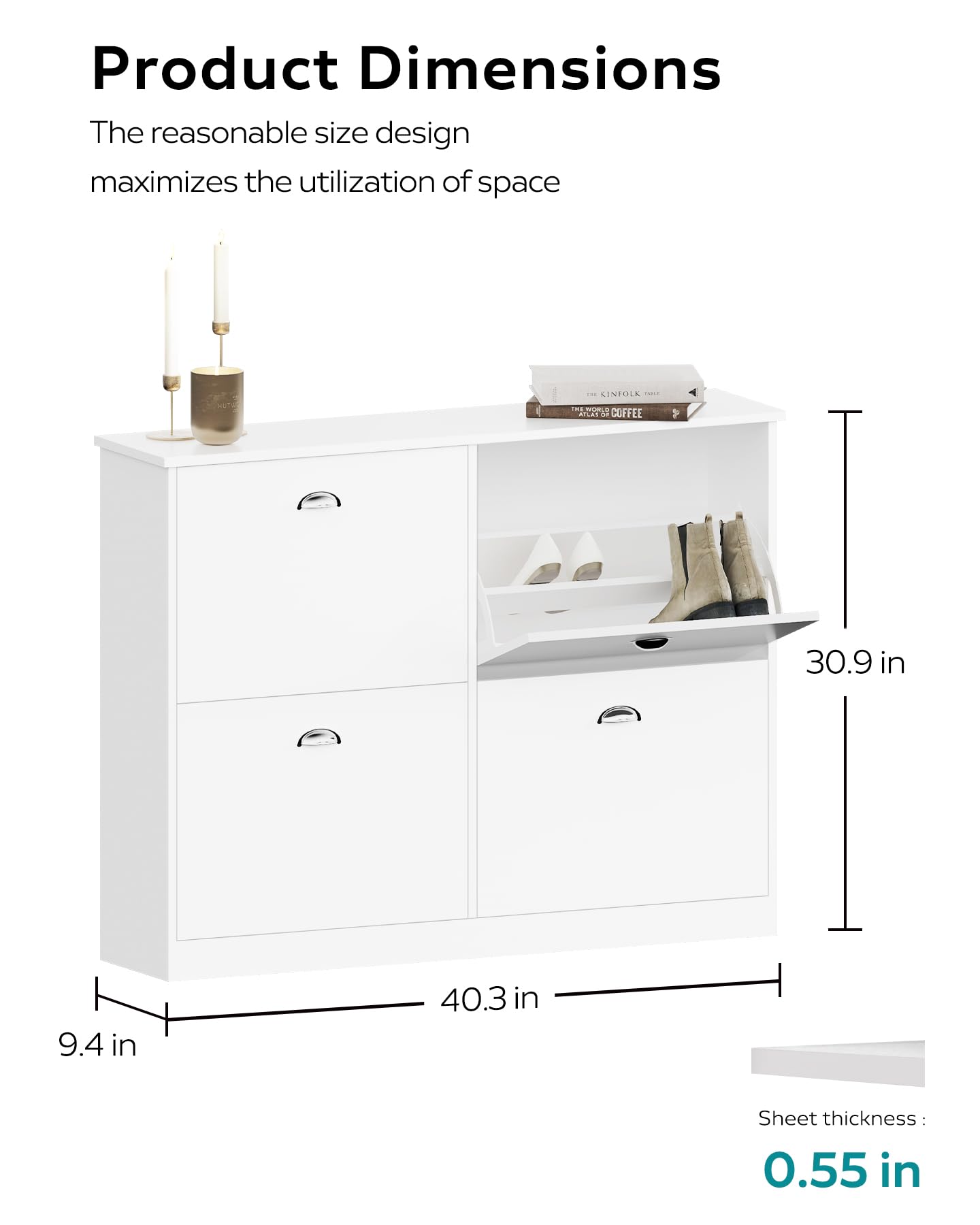 Slim White Shoe Cabinet with 4 Hidden Drawers - Space Saving Narrow Shoe Rack for Entryway, Foyer, Hallway & Bedroom Storage - Perfect for Small Apartments & Closet Organization