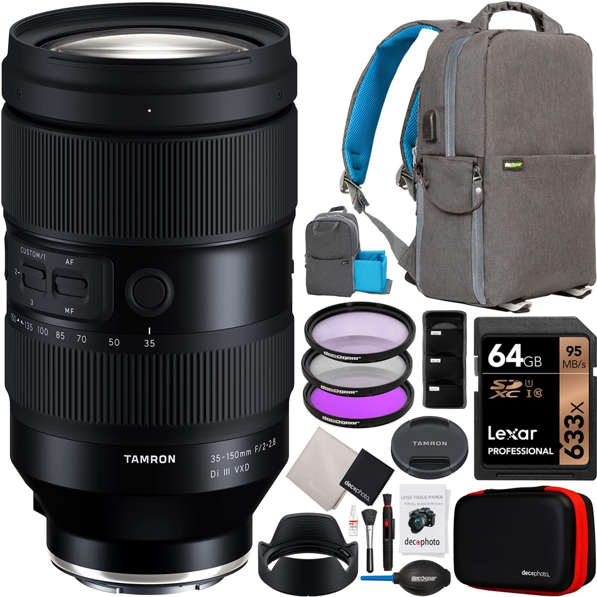 Tamron 35-150mm F/2-2.8 Di III VXD Lens for Sony E-Mount Full Frame Mirrorless Cameras - Bundle with Photography Backpack, UV Polarizer Filter, 64GB SD Card & Accessories - Perfect for Portrait, Wedding, and Event Photography