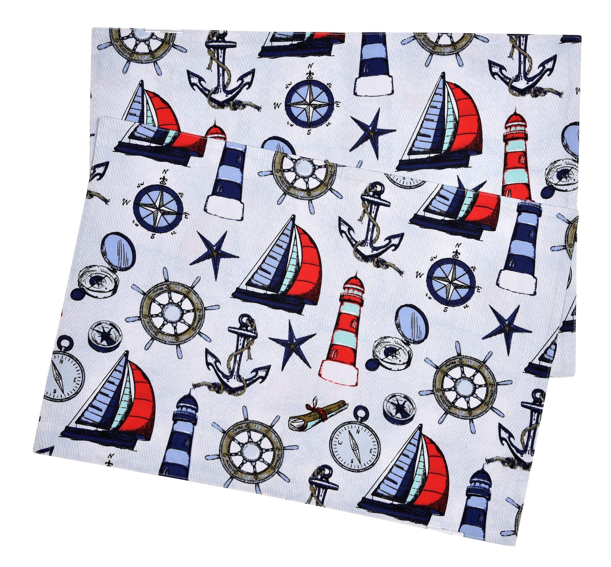 Urban Villa Light House Print 100% Cotton Fused Placemats - Set of 6 Oversized 14''x20'' Heavy Quality Table Mats for Dining, Kitchen, and Everyday Use | Coastal Home Decor & Entertaining Essentials