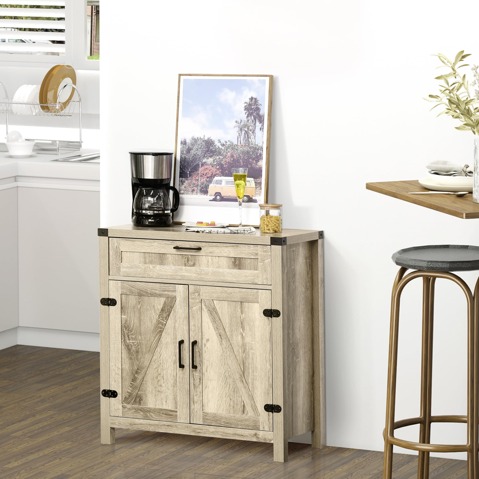 HOMCOM Modern Farmhouse Sideboard Buffet Cabinet with Storage Drawer & 2 Barn Doors - Oak Finish Kitchen Storage & Coffee Bar Cabinet for Dining Room, Living Room, or Entryway Organization