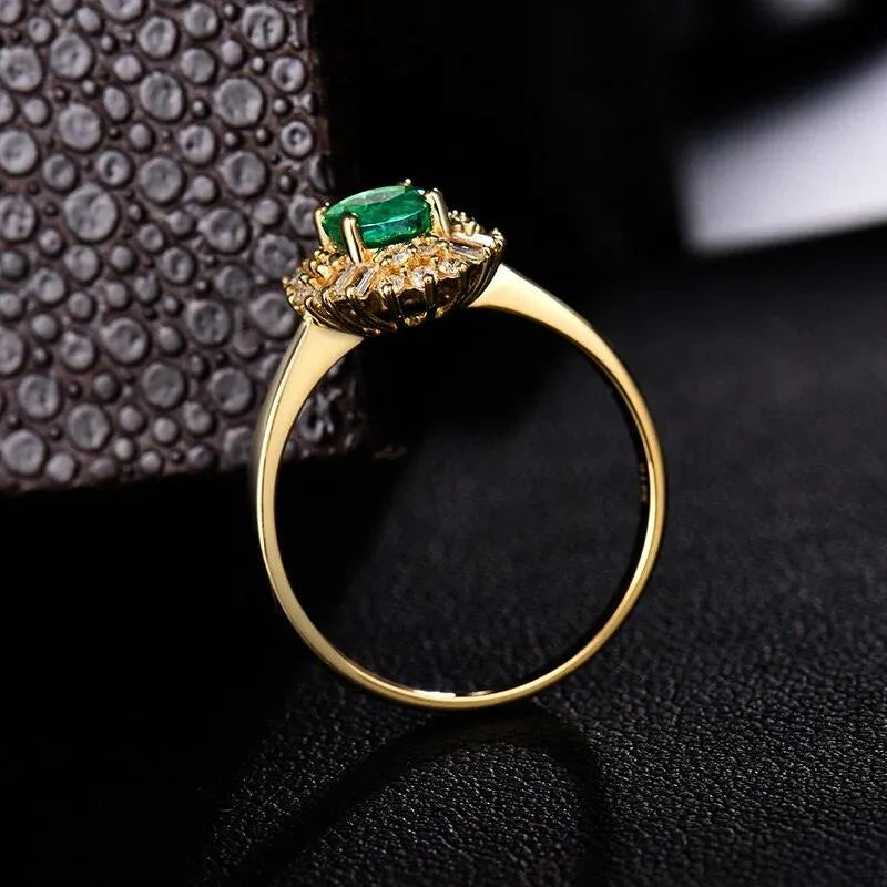 14K Yellow Gold Oval Emerald & Diamond Ring for Women - 0.8ct Natural Gemstone Engagement Ring, Luxury Jewelry Gift for Anniversary, Valentine's Day & Special Occasions