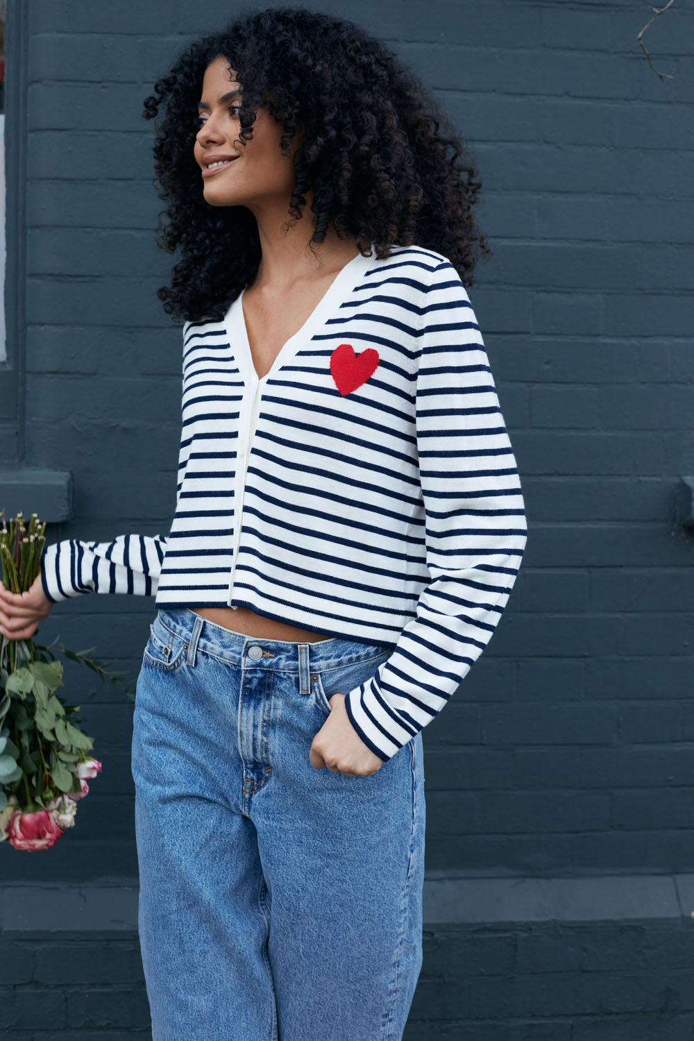 Navy Blue Merino Wool Heart Print Breton Cardigan for Women - Cozy Winter Sweater for Casual Outfits & Date Nights