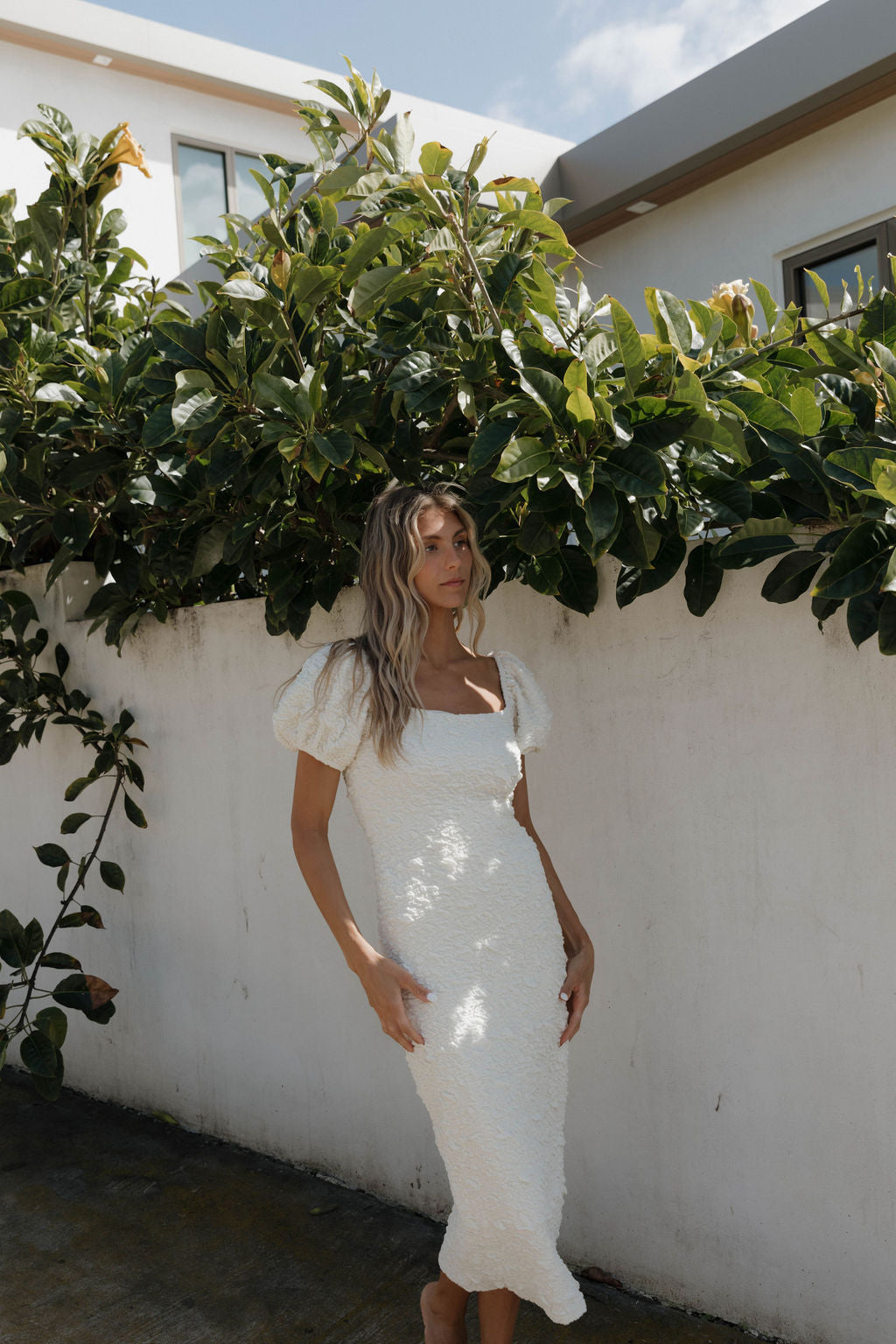 Blakeley Textured Midi Dress in Ivory - Bump Friendly Maternity Dress & Inclusive Sizing (S-3XL) | Perfect for Baby Showers, Bridal Events & Everyday Wear