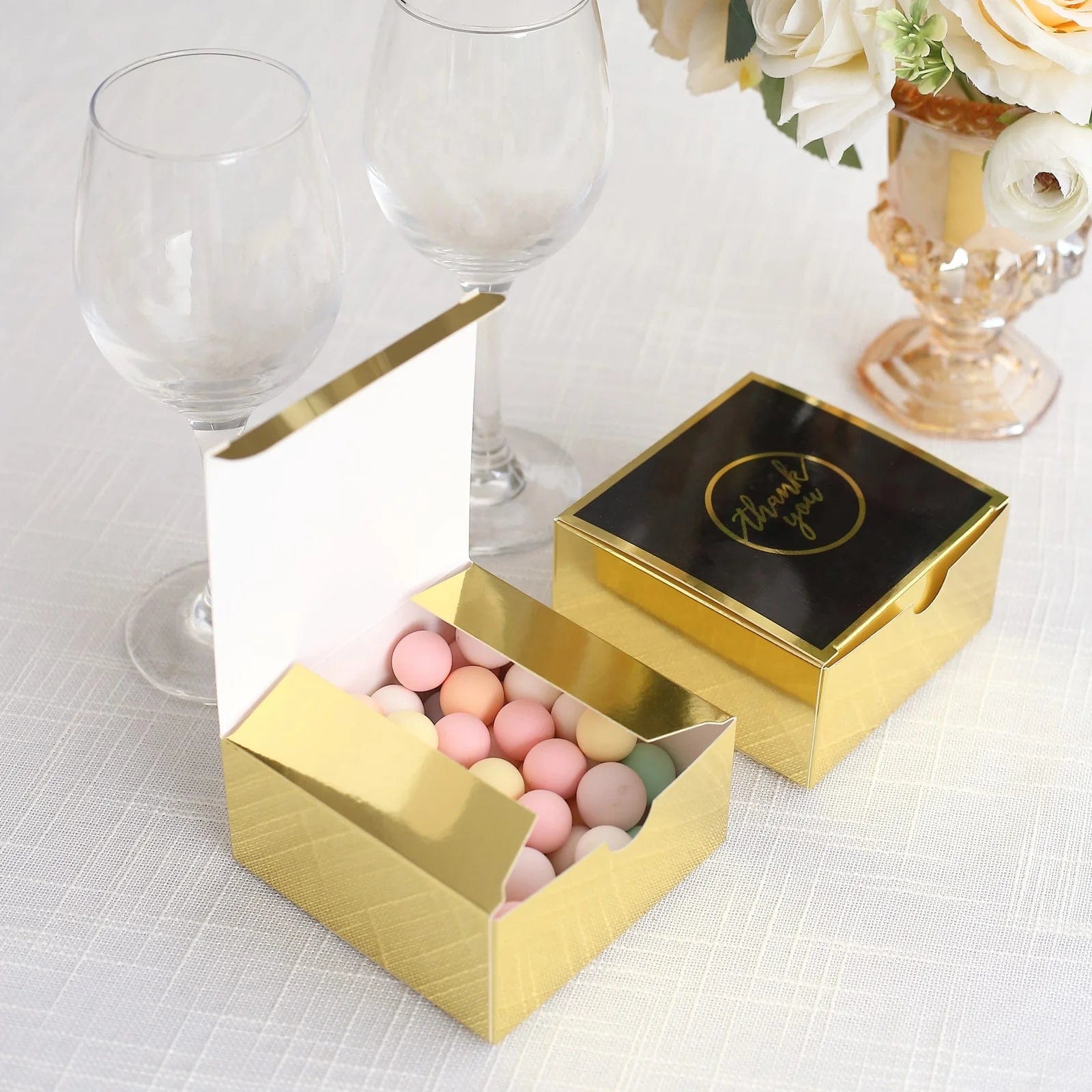 25 Pack 4x4 Inch Square Favor Boxes with Thank You Print - Gold and Black Gift Holders for Weddings, Parties & Special Events