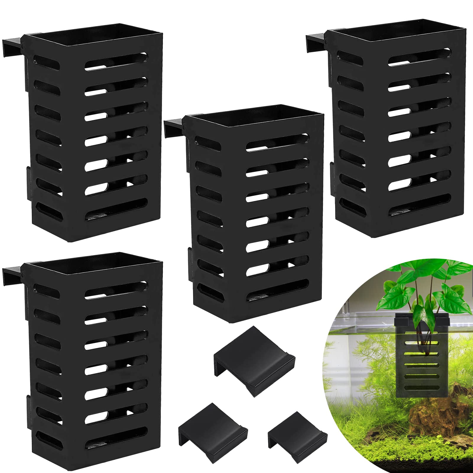 4 Pack Aquarium Plant Holder - Hanging Aquatic Plant Cup with 3 Size Hooks, Plastic Fish Tank Decorations for Live Potted Plants - Perfect for Betta Tanks, Aquascaping & Freshwater Aquariums