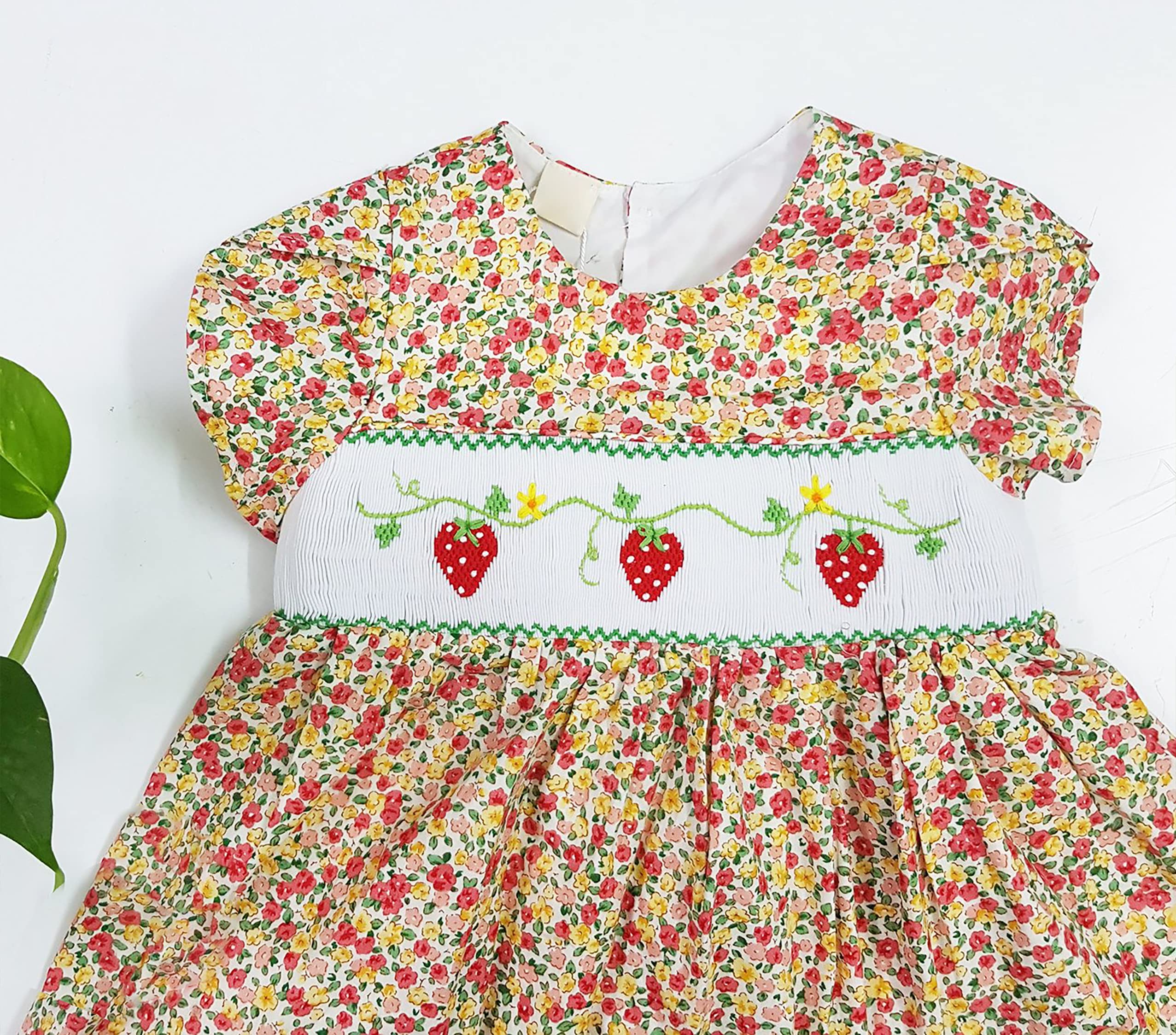 Adorable Strawberry Print Hand-Smocked Cotton Dress for Baby & Toddler Girls | 100% Woven Cotton | Perfect for Spring & Summer Outings, Birthday Parties & Photo Shoots