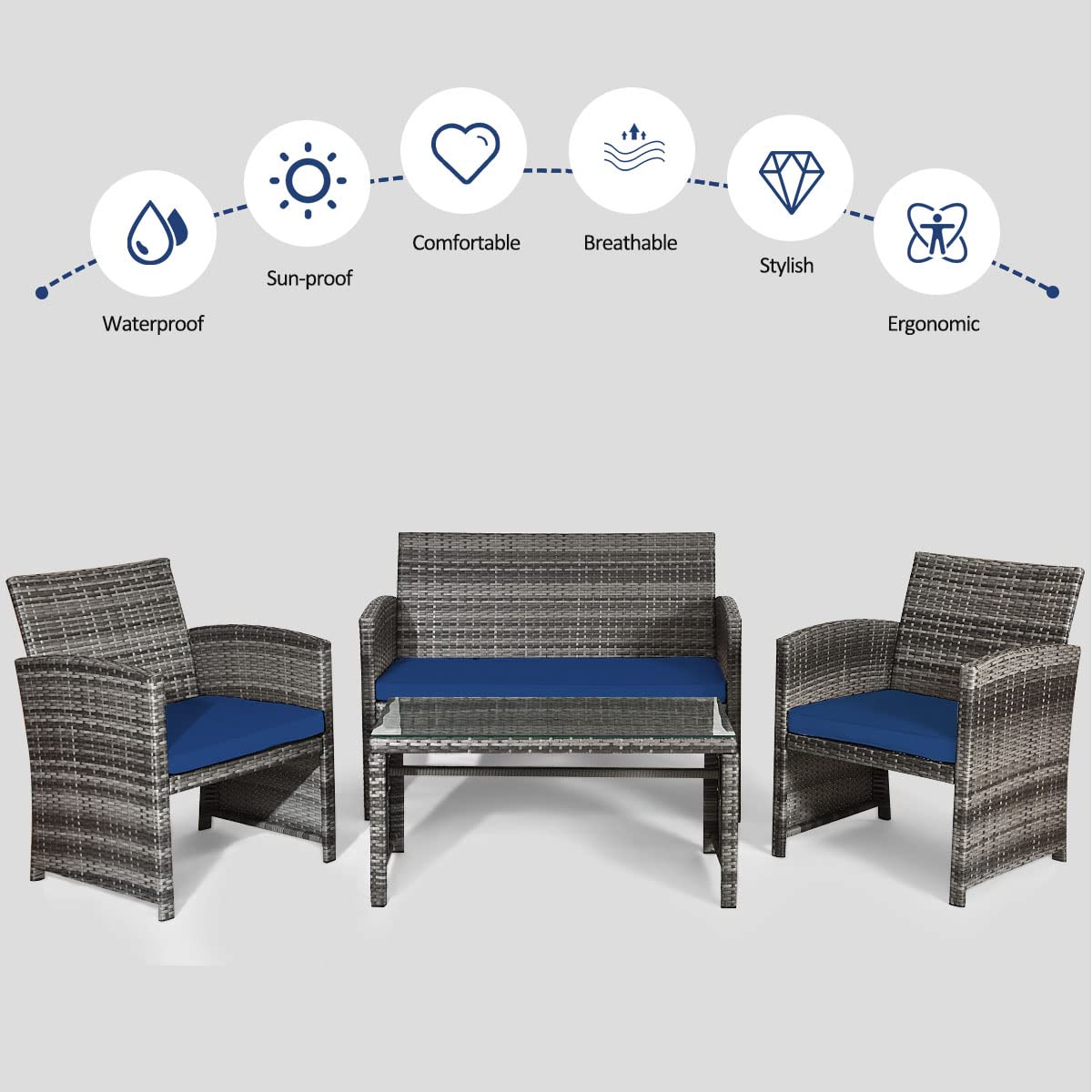 Tangkula 4-Piece Wicker Patio Conversation Set - Outdoor Rattan Sofa Set with Coffee Table & Soft Cushions, Durable Patio Furniture for Poolside, Balcony, Garden or Backyard Relaxation
