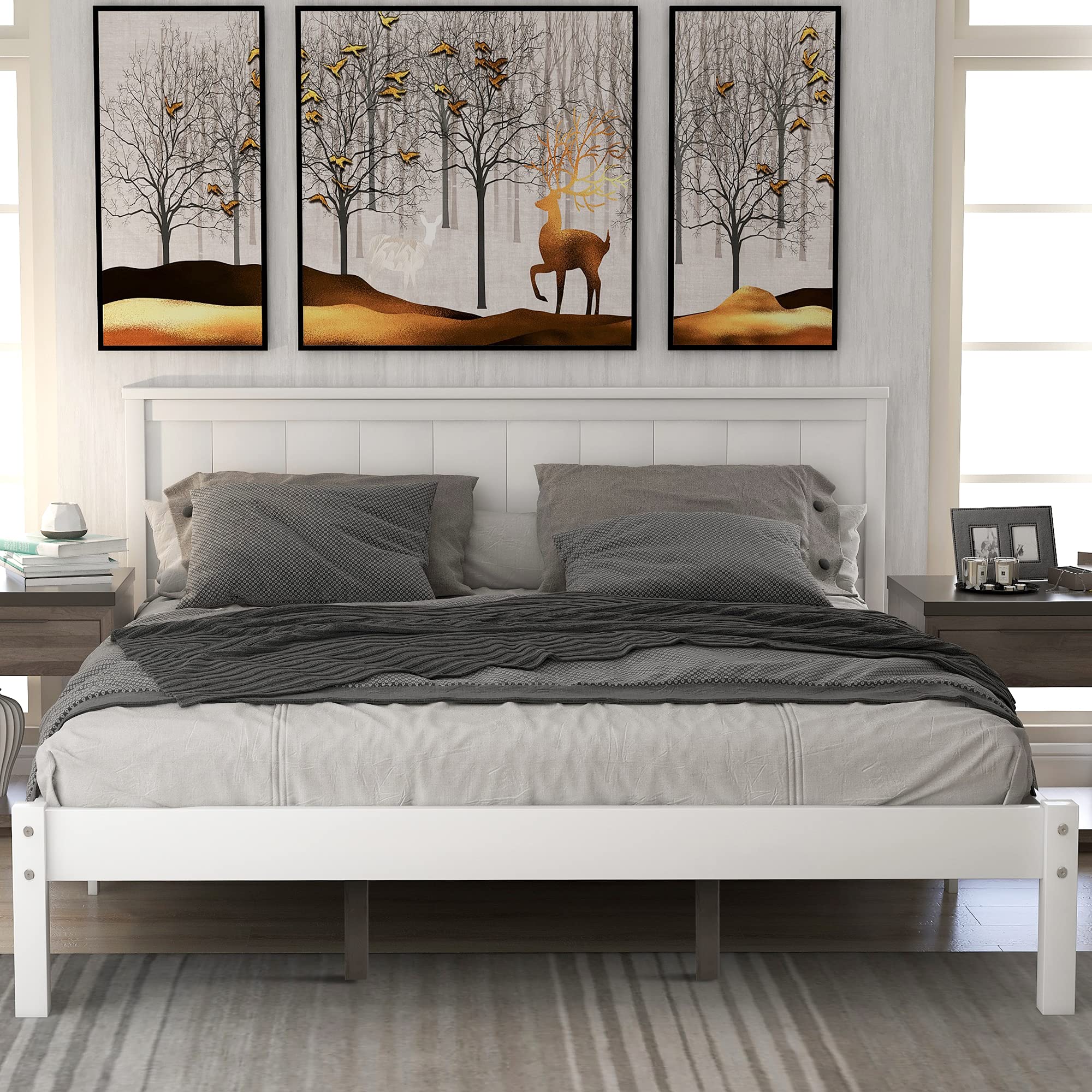 JULYFOX Queen Platform Bed Frame - White Wood Headboard, 400lb Capacity for Bedroom