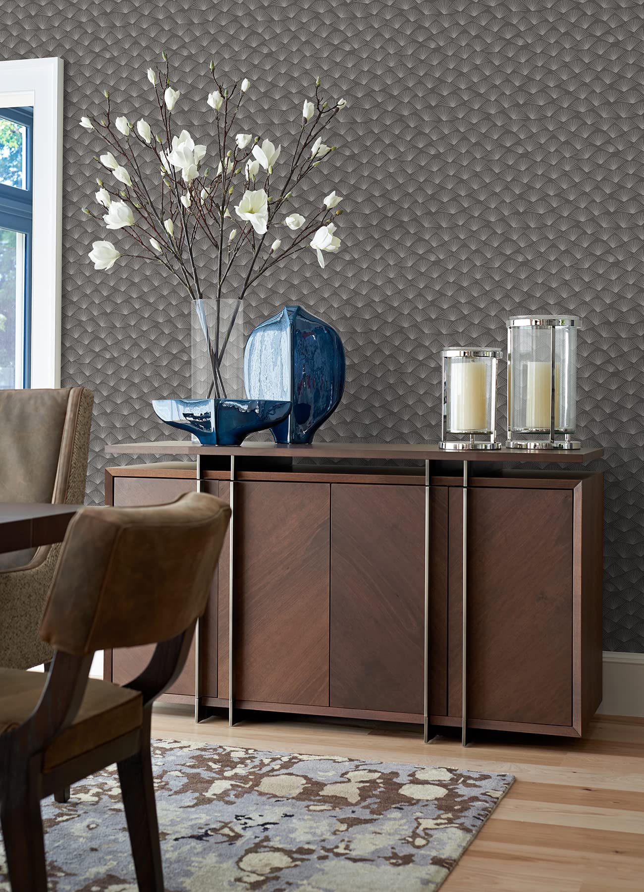 Brewster Asteria Charcoal Fan Wallpaper - Peel and Stick Removable Wallpaper for Bedroom, Living Room, Nursery - Waterproof & Easy to Install Home Decor