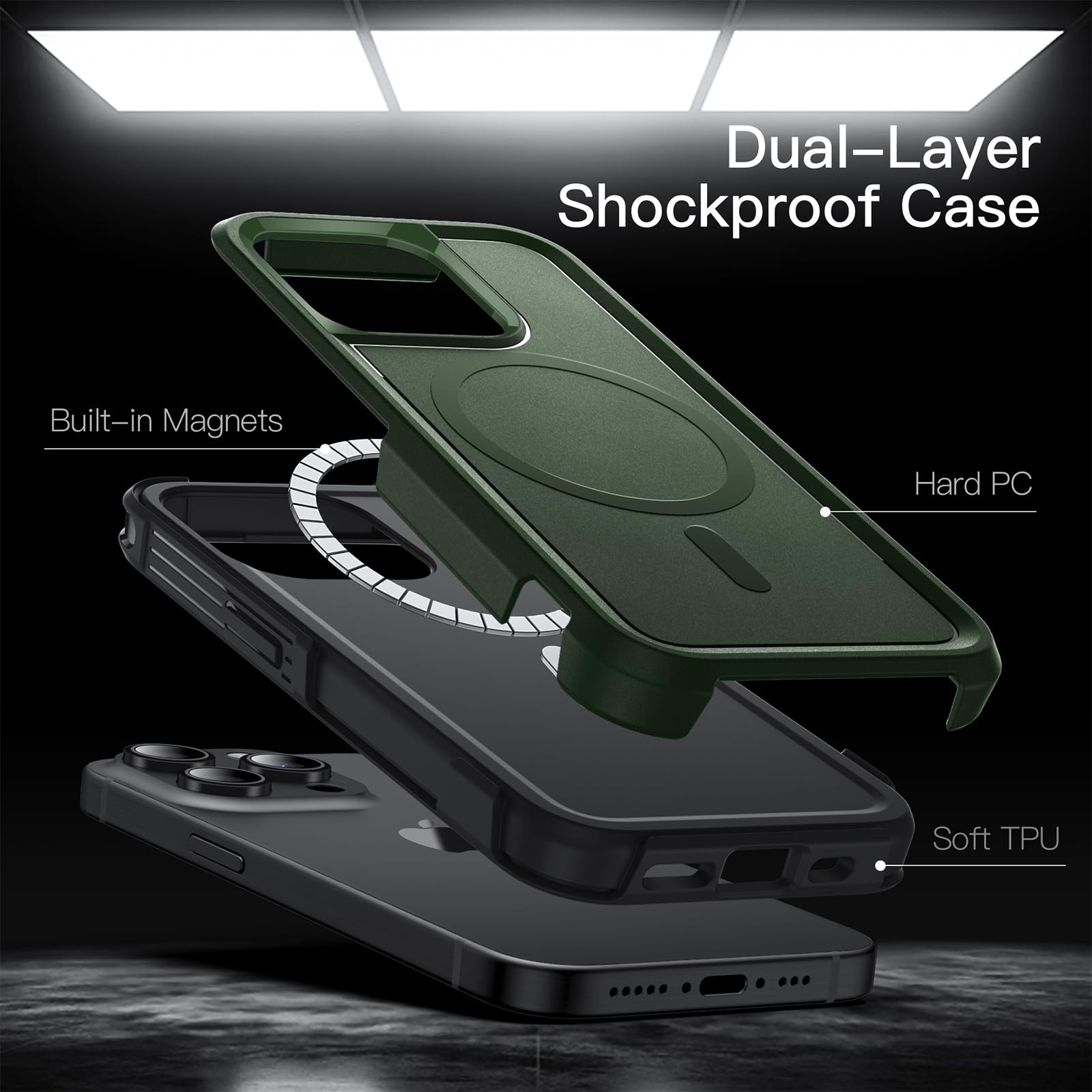 JETech Heavy Duty Rugged Case for iPhone 15 Pro 6.1-Inch - MagSafe Compatible, Dual-Layer Shockproof Protection, Magnetic Phone Cover (Midnight Green) - Perfect for Outdoor Adventures, Construction Work & Active Lifestyles