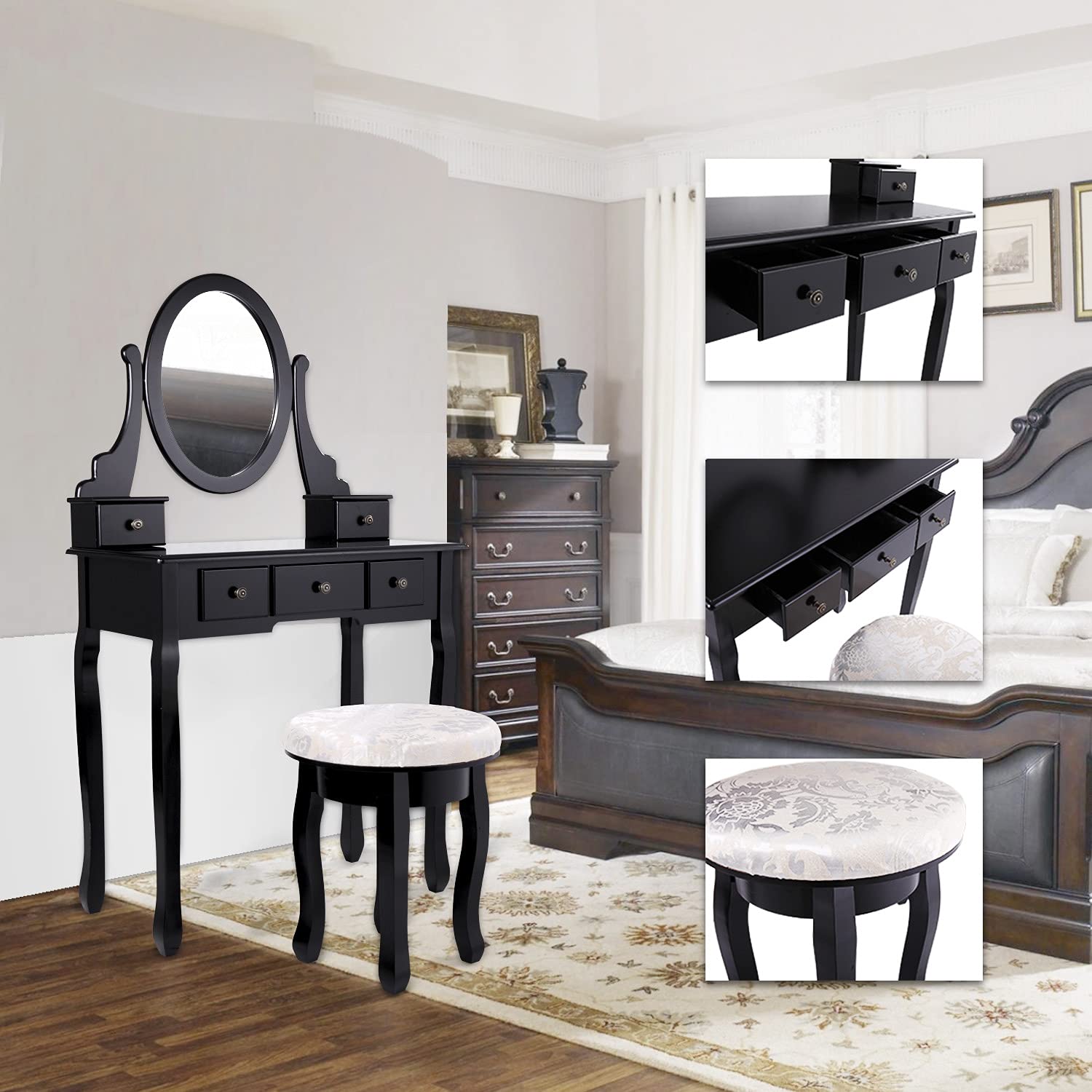 Moselota Makeup Vanity Desk Set with Round Mirror & Stool - 5 Storage Drawers for Bedroom, Dressing Room & Beauty Salon Organization