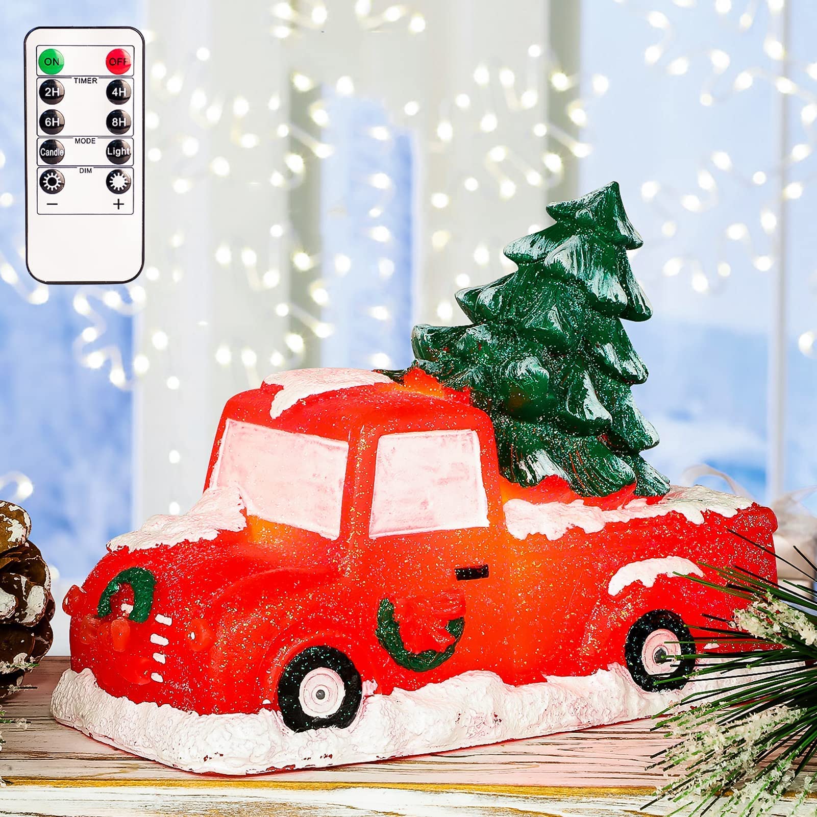 FLAVCHARM LED Christmas Truck Candles - Remote Control Farmhouse Decor for Holiday Table