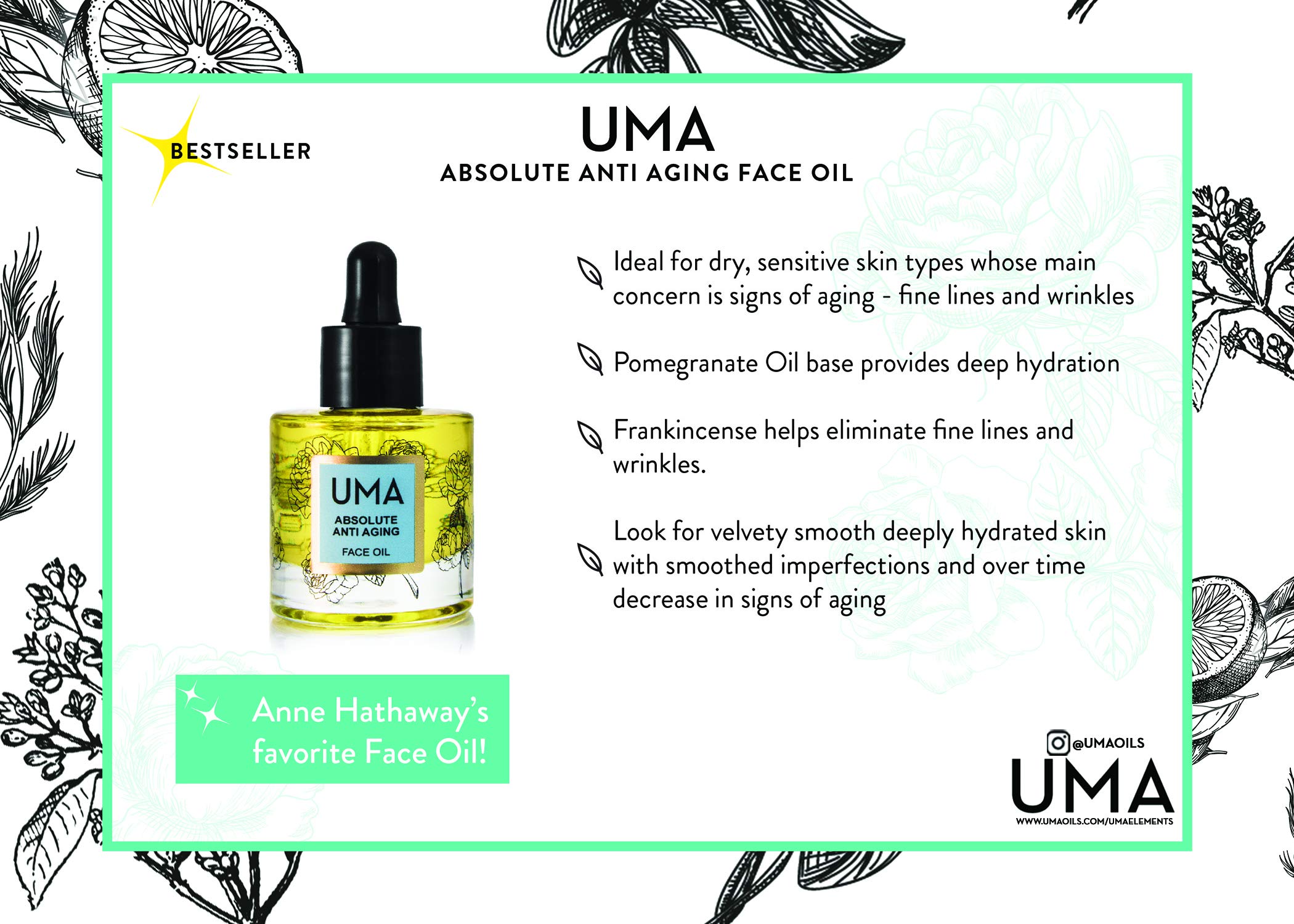 UMA Absolute Anti-Aging Face Oil 15ml - Organic Facial Treatment for Wrinkles & Fine Lines - Perfect for Nighttime Skincare Routine & Daily Hydration