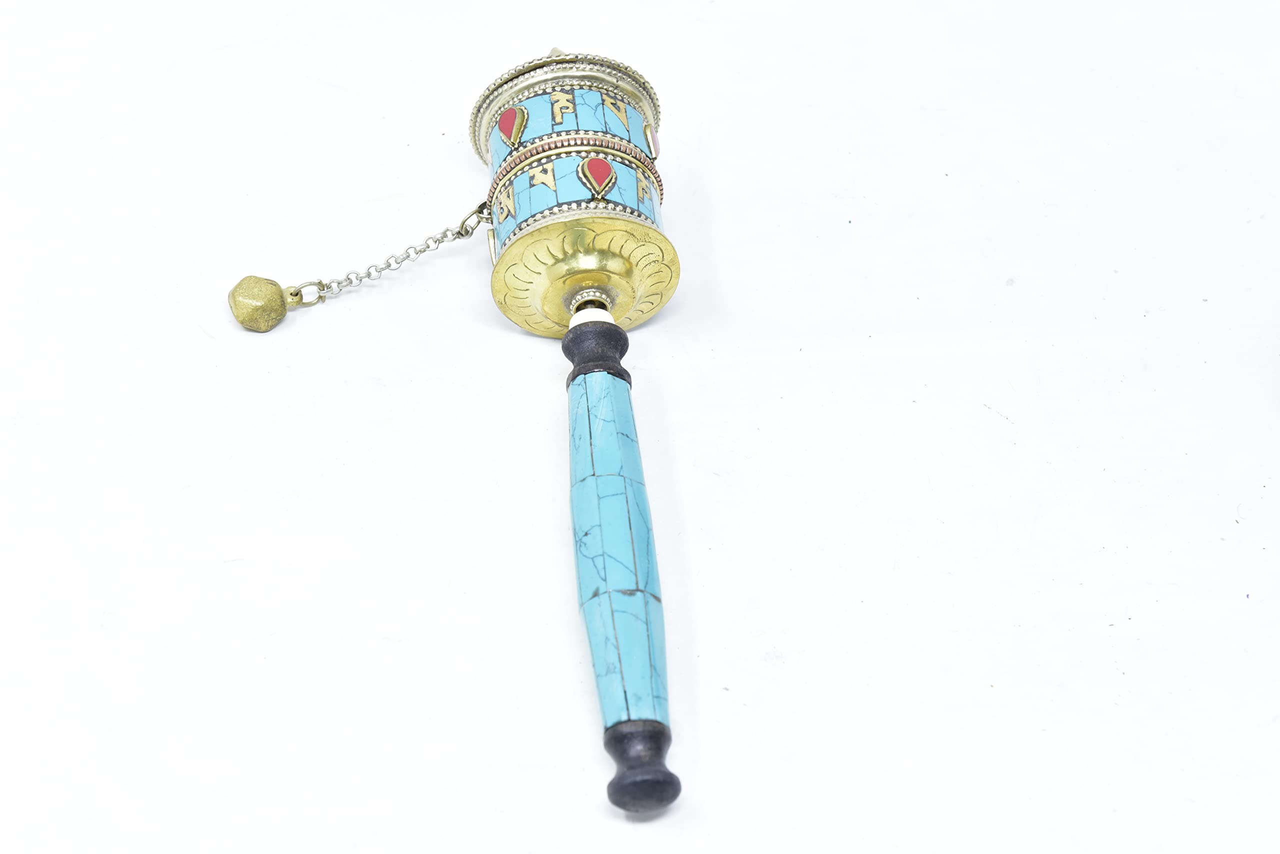 Authentic Tibetan Buddhist Prayer Wheel with Turquoise Coral - Handcrafted Spiritual Meditation Tool for Home Altar & Yoga Practice