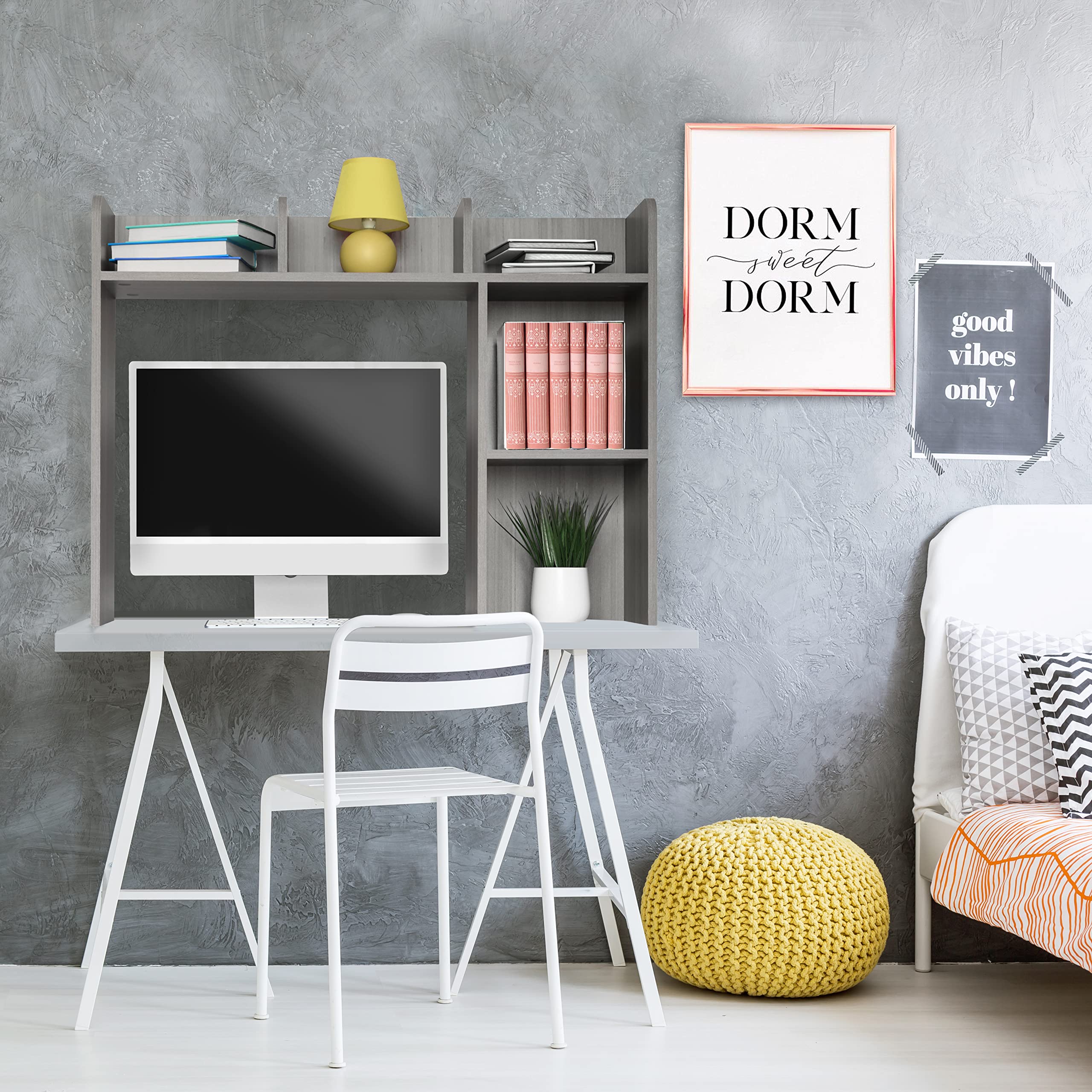 GlossyEnd Solid Wood Dorm Desk Bookshelf Organizer - Sturdy & Stylish Office Desk Storage Shelf for Books, Files & Supplies - Perfect for College Dorm, Home Office & Workspace (Gray, Model GE42513)